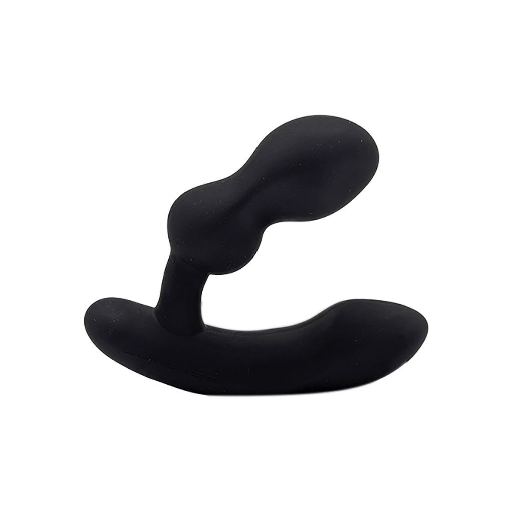 Schwarzer Prostata-Massager mit gebogenem Schaft und doppeltem Stimulationskopf.