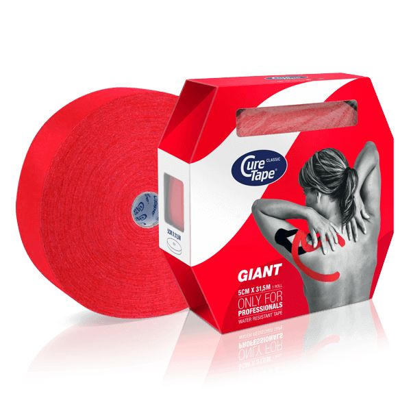 Rote CureTape® Giant Classic Rolle und Verpackung. Verpackung mit Produktabbildung und Schriftzug.