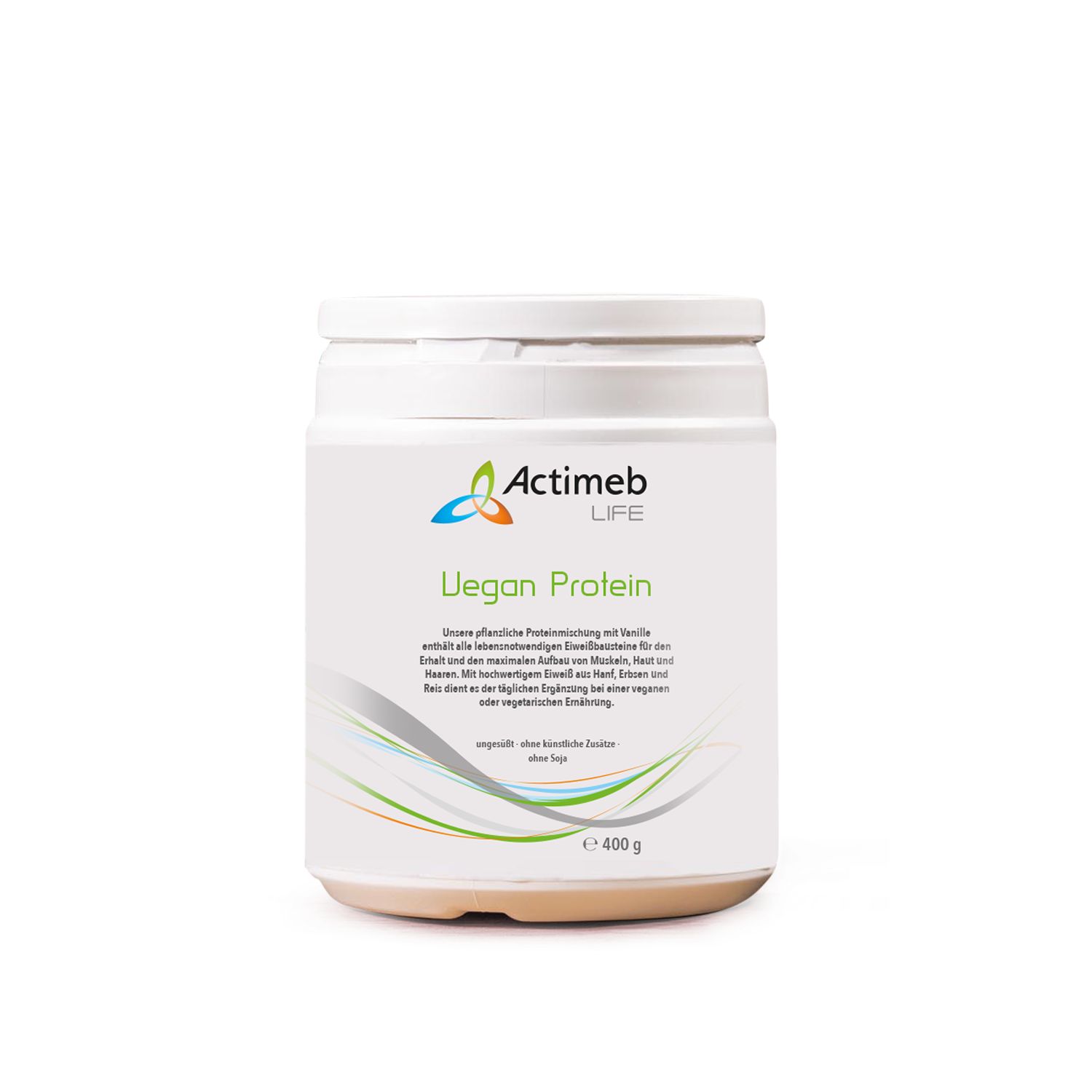 Weißer Behälter mit Deckel. Aufschrift: Actimeb LIFE, Vegan Protein. Enthält 400 g.