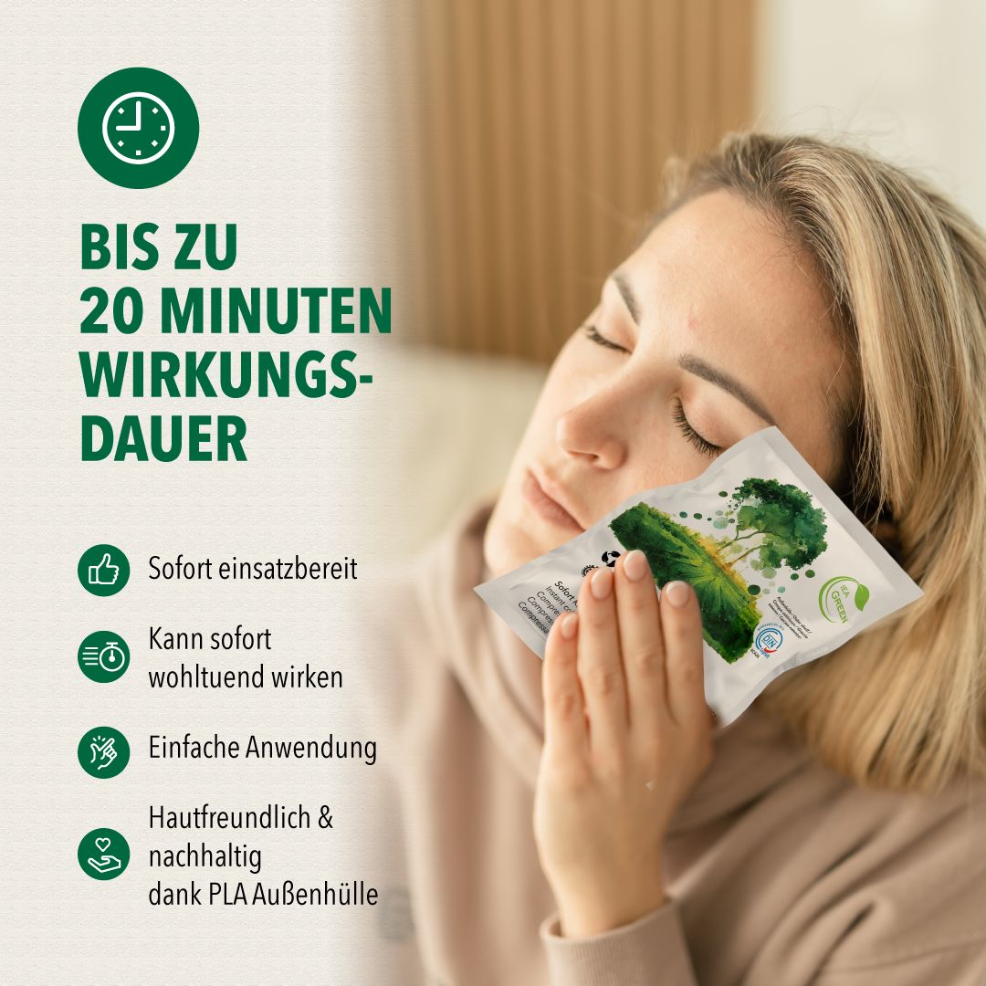 Frau mit Kältekompresse auf dem Gesicht. Symbole: Sofort einsatzbereit, wohltuend, hautverträglich, nachhaltig.
