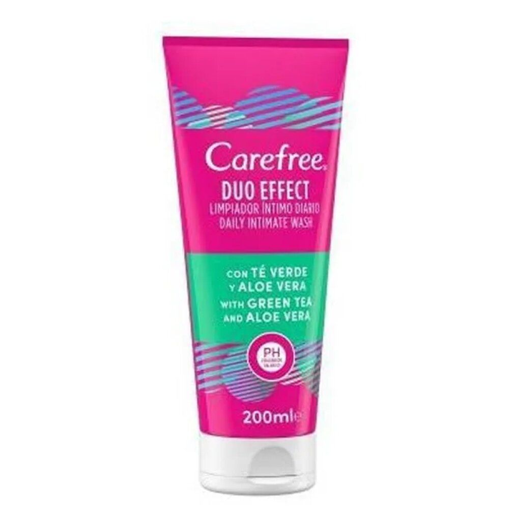 Rosa Tube mit weißem Deckel. Carefree, Duo Effect, Limpiador Intimo Diario, mit Aloe Vera und Grüntee. pH-Wert-Symbol. 200ml.