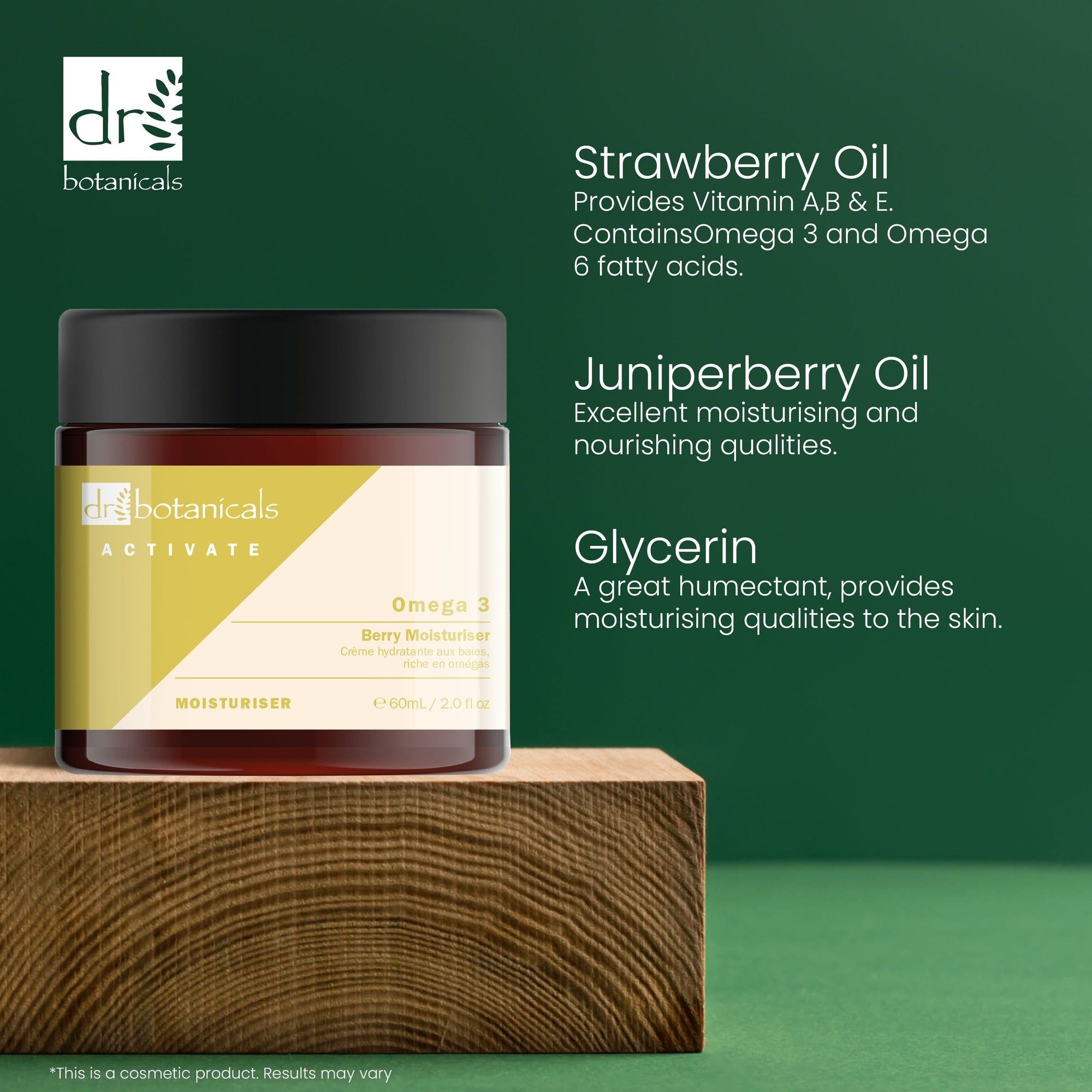 Cremebehälter auf Holzblock. Text: Strawberry Oil, Juniperberry Oil, Glycerin. Dr Botanicals. Omega 3 Berry Moisturiser.