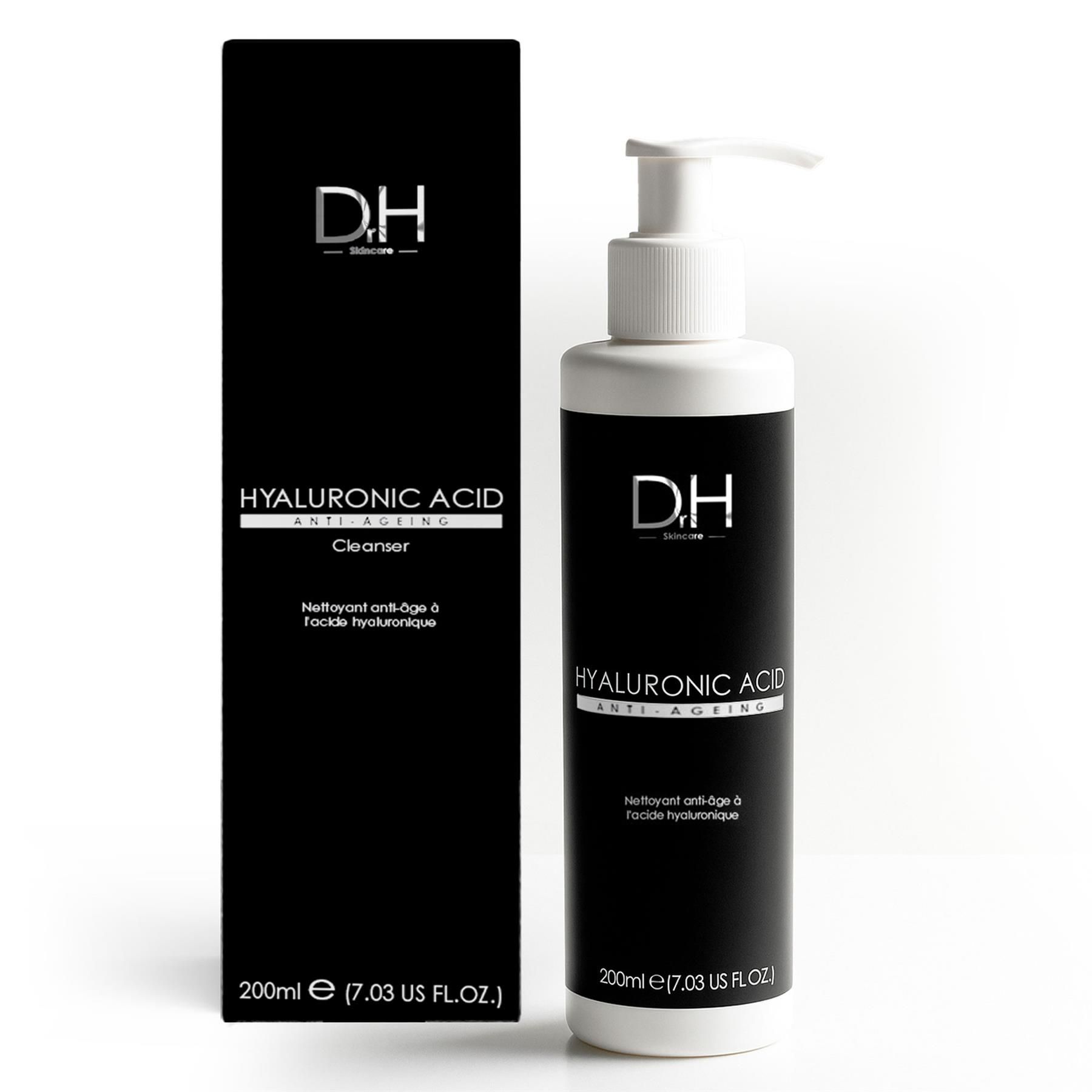 Dr H Hyaluronsäure-Reinigungsgel mit Pumpspender und Umverpackung.