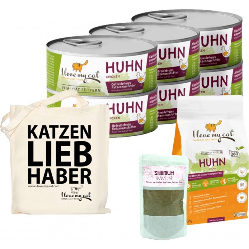 I love my cat Sparset für Savannah Katzen Trockenfutter und Nassfutter mit Huhn Nahrungsergänzung