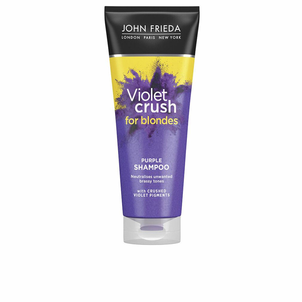 Violet Crush Shampoo für Blondinen. Lila Tube mit schwarzem Deckel. Text: John Frieda, Violet Crush, Purple Shampoo.