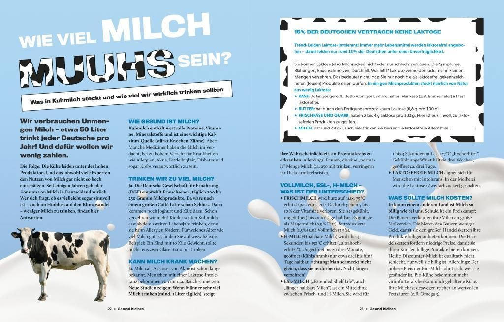 Buchseite mit Text und Abbildungen. Titel: "FAST JEDER ZEHINTE HAT DIABETES!". Abbildung eines Blutzuckermessgeräts und einer Spritze.