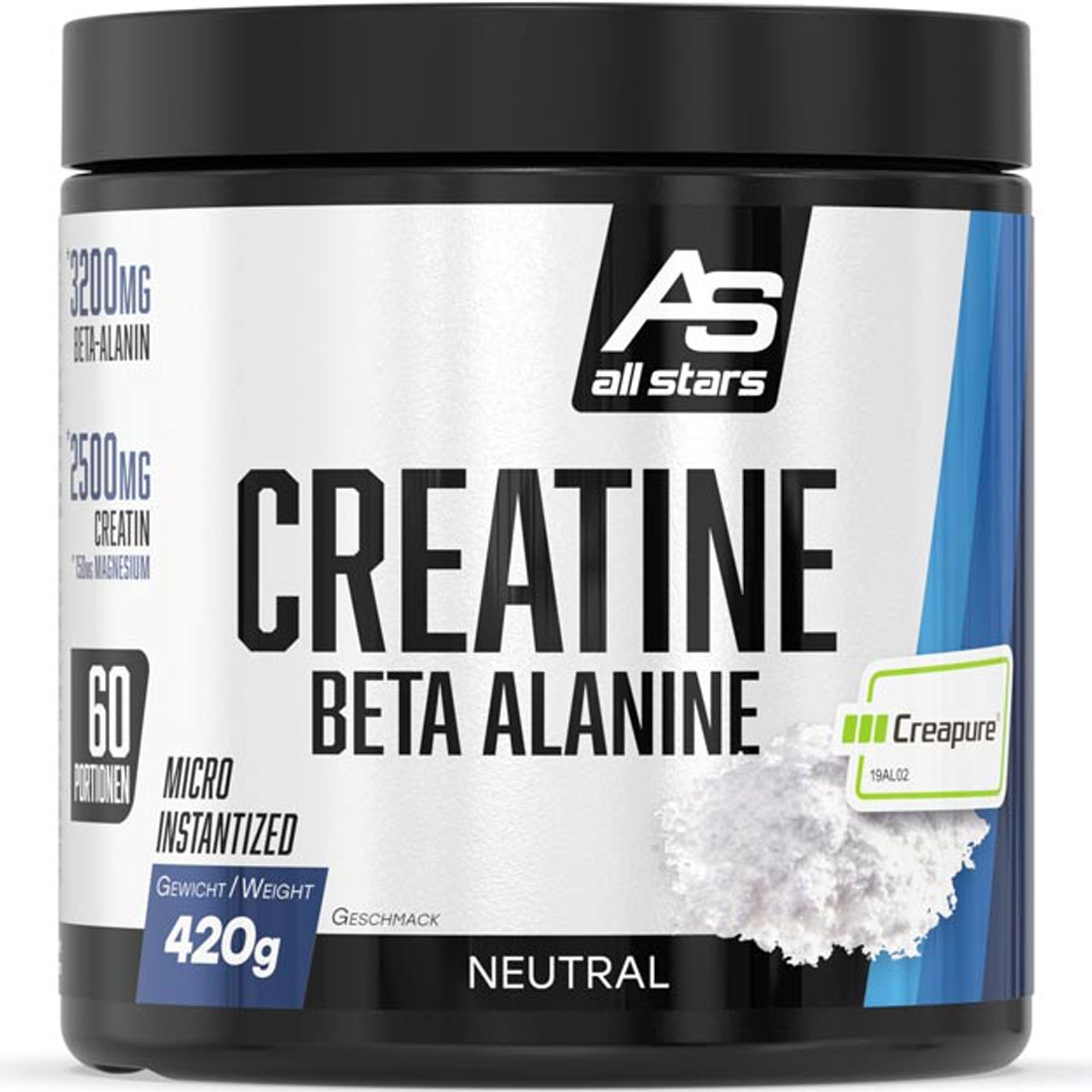 Schwarze Dose mit weißem Pulver. Aufschrift: CREATINE BETA ALANINE, Marke ALL STARS. Enthält 420g, 60 Portionen, Creapure-Zertifizierung.