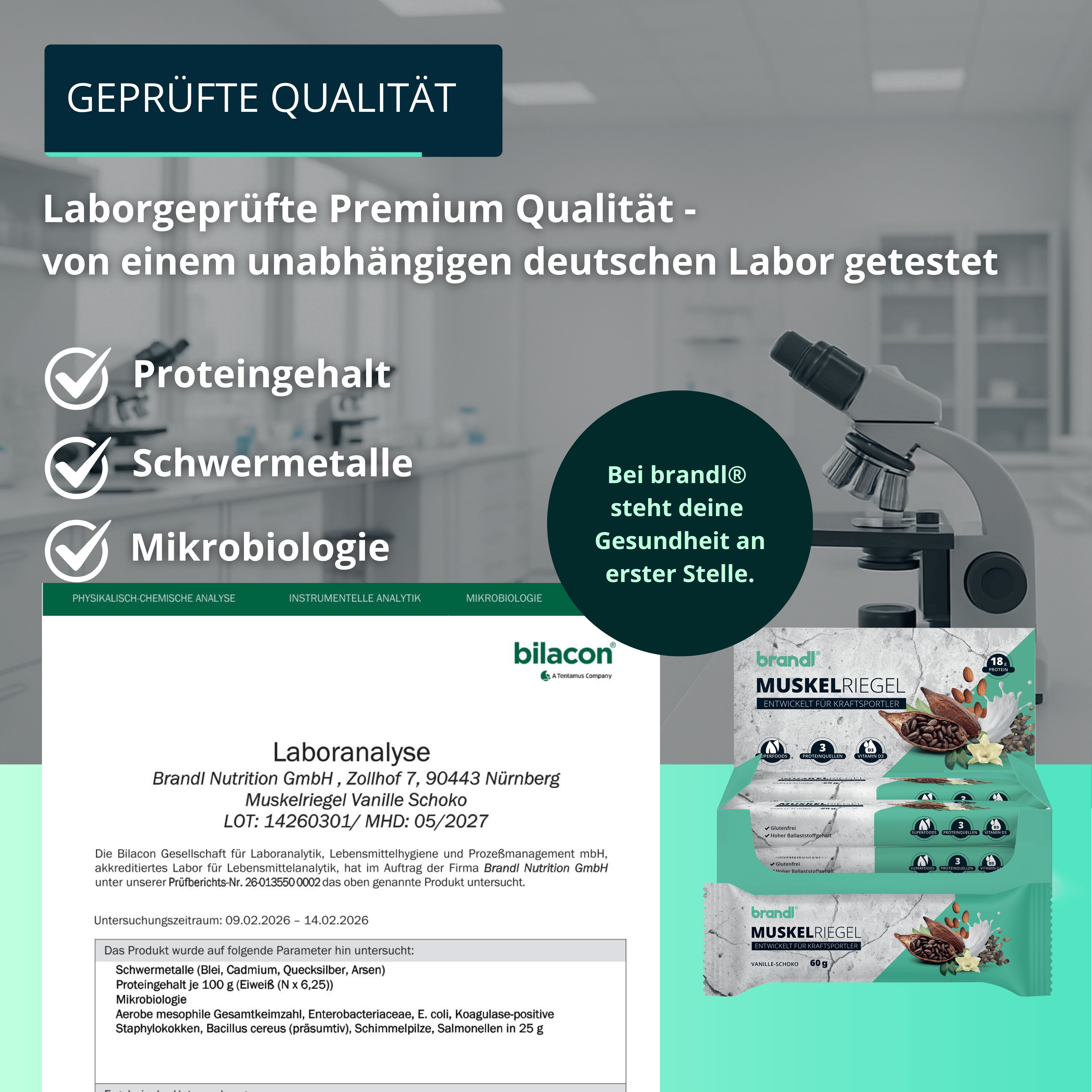 Laboranalyse von brandl® Muskelriegel. Proteingehalt, Schwermetalle, Mikrobiologie. Produkt in unabhängigem Labor getestet.