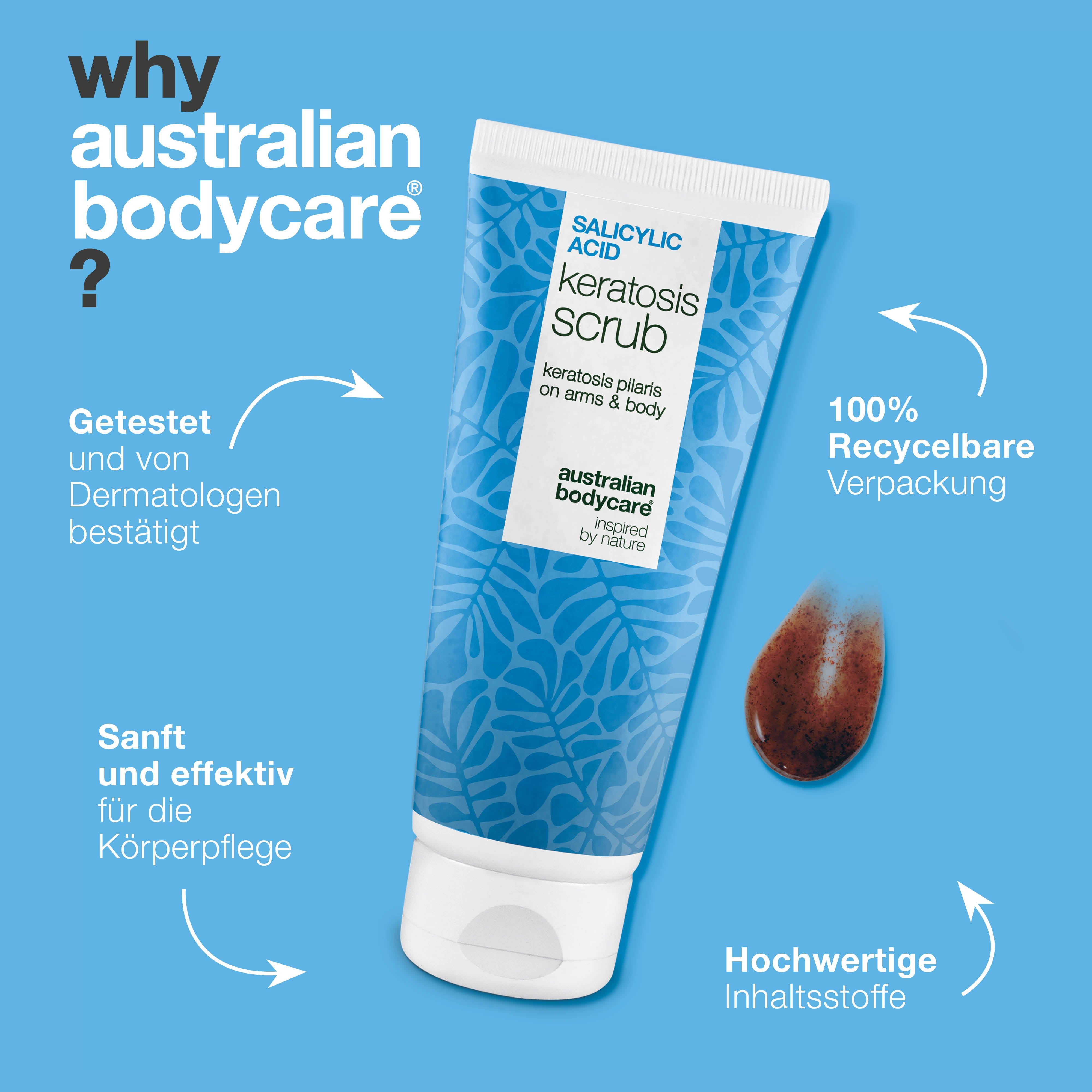 Produkt-Tube mit Text: Salicylsäure Keratosis Scrub. Marke: Australian Bodycare. Text: 100% recycelbare Verpackung.