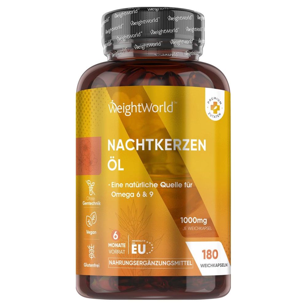 Braune Flasche mit gelbem Etikett. Aufschrift: WeightWorld Nachtkerzenöl, 180 Weichkapseln, 1000mg. Enthält Omega 6 & 9. Vegan, glutenfrei.