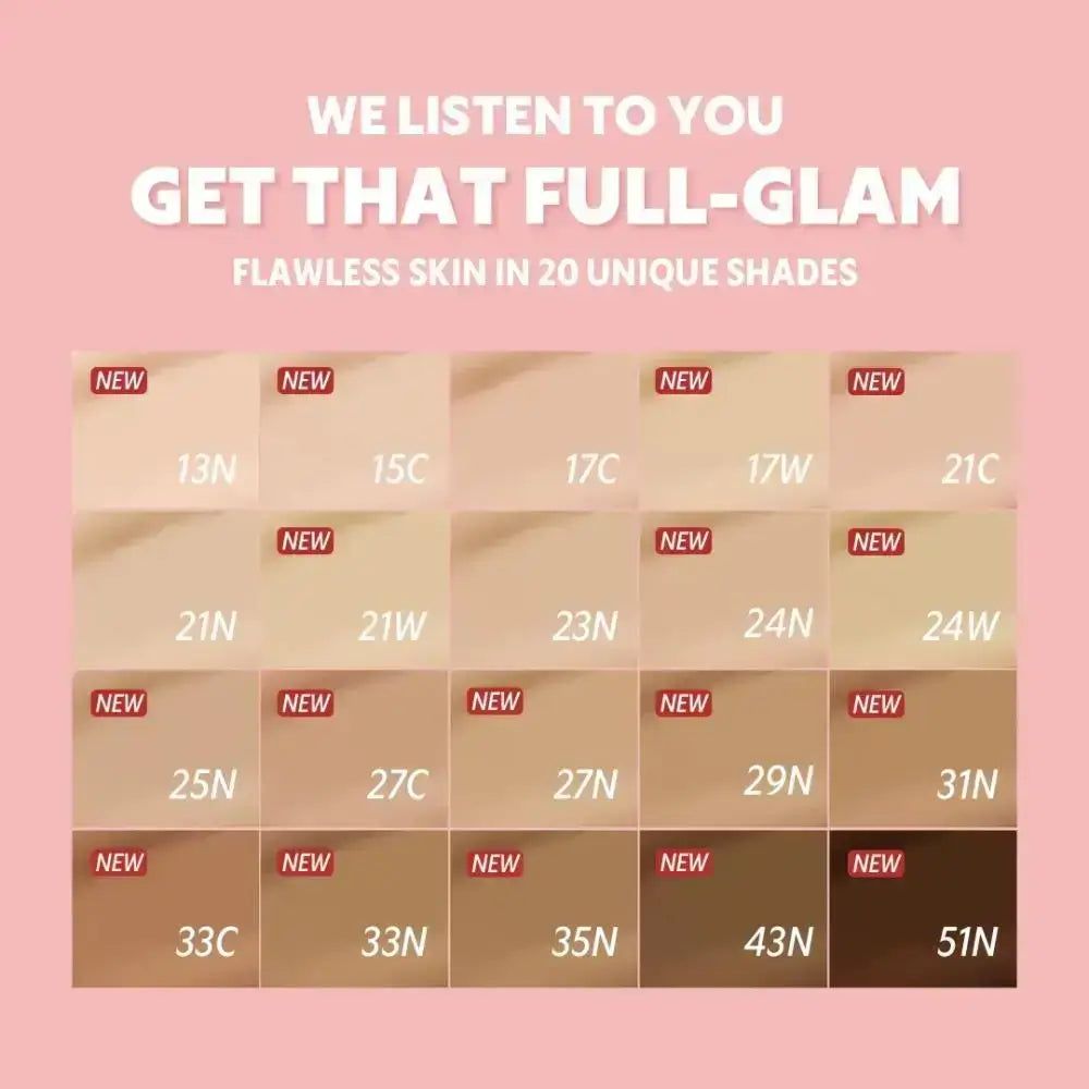 Make-up-Farbtöne in verschiedenen Nuancen. Verschiedene Hauttöne werden mit Nummern dargestellt. Text: „Flawless Skin in 20 unique shades“.