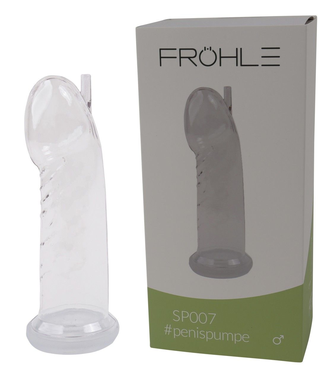 Transparenter Zylinder vor einer Produktverpackung. Verpackung mit Text und grünem Streifen. Marke: Fröhle. Modell: SP007.