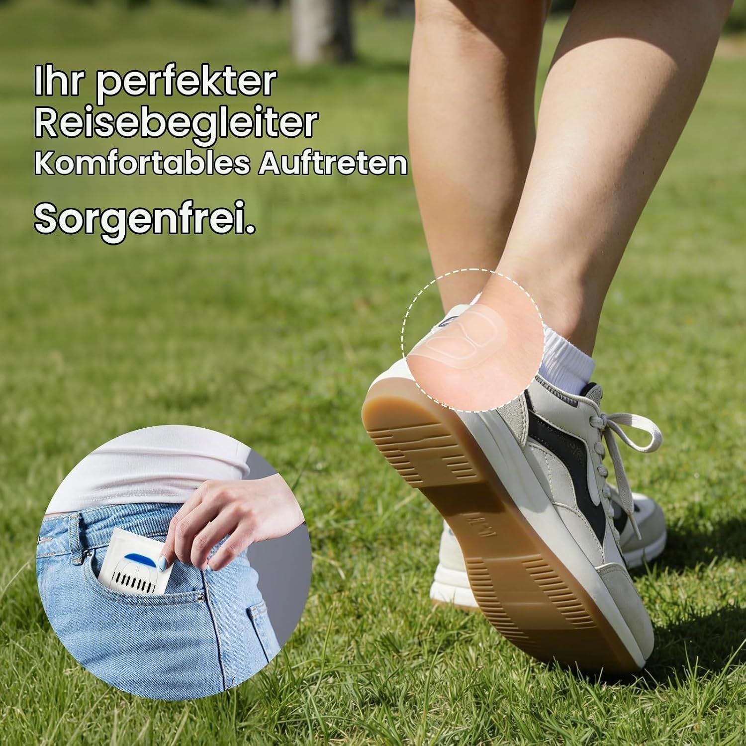 Fußpolster aus Hydrogel, die auf den Fuß aufgebracht sind, um Komfort beim Gehen zu bieten.