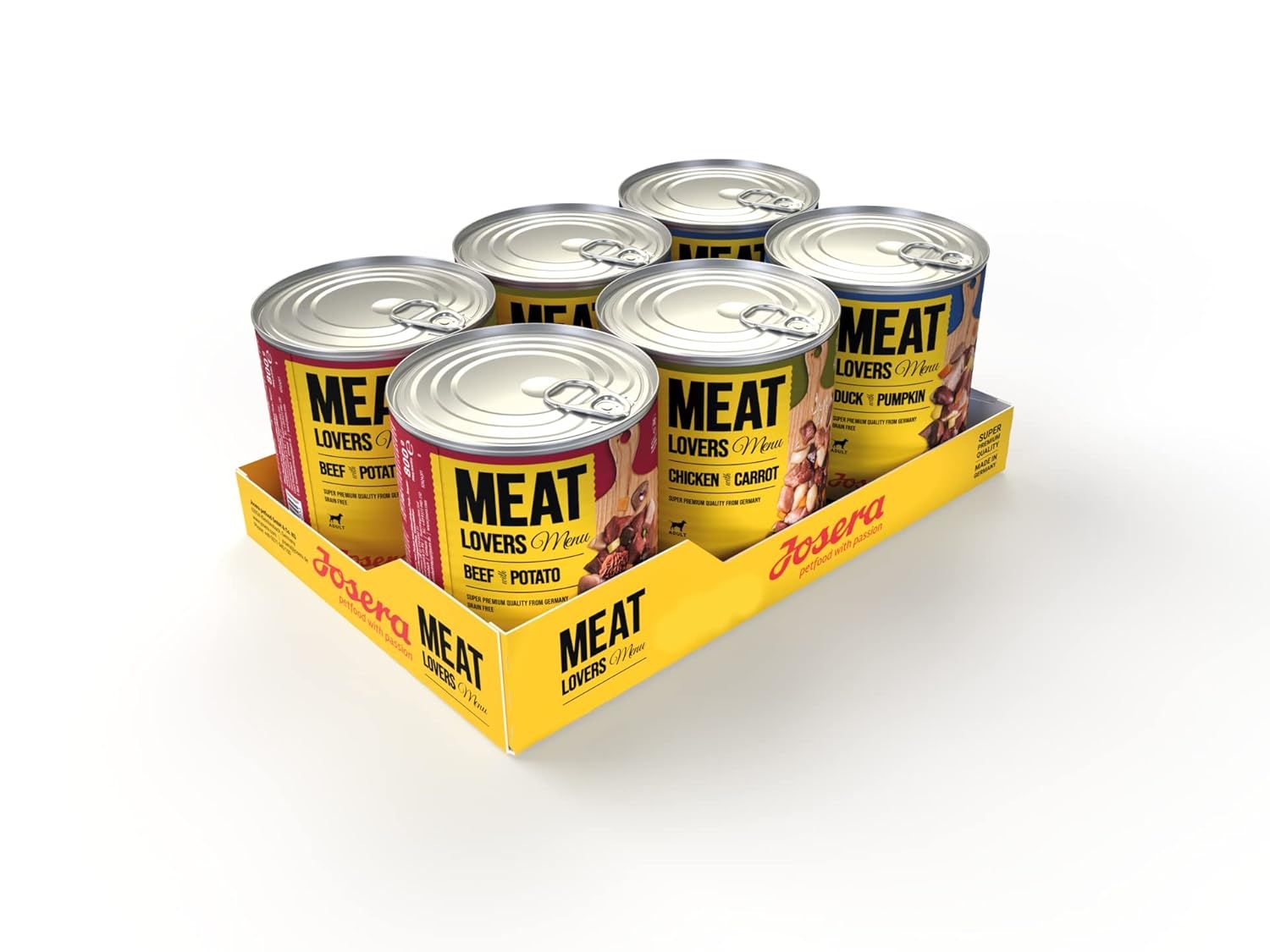 Multipack mit sechs Dosen JOSERA Meat Lovers Menu. Auf gelbem Karton. Aufschrift: Meat Lovers Menu, verschiedene Sorten.