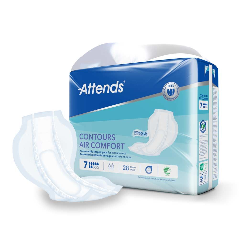 Attends Contours Air Comfort 7. Packung mit 28 Stück. Anatomisch geformte Einlagen. Produkt und Verpackung.
