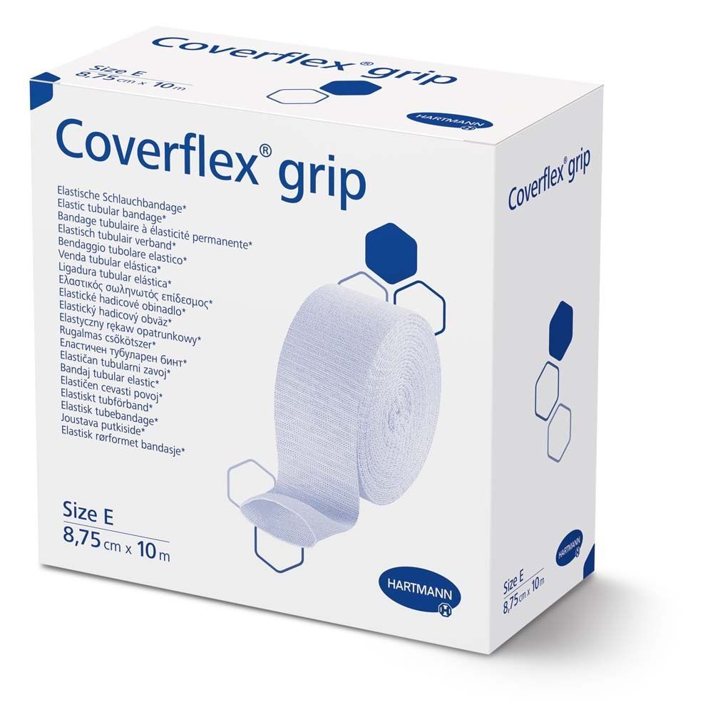 Weiße Verpackung mit Coverflex® grip. Rolle elastischer Schlauchverband, 8,75 cm x 10 m. Hartmann-Logo.
