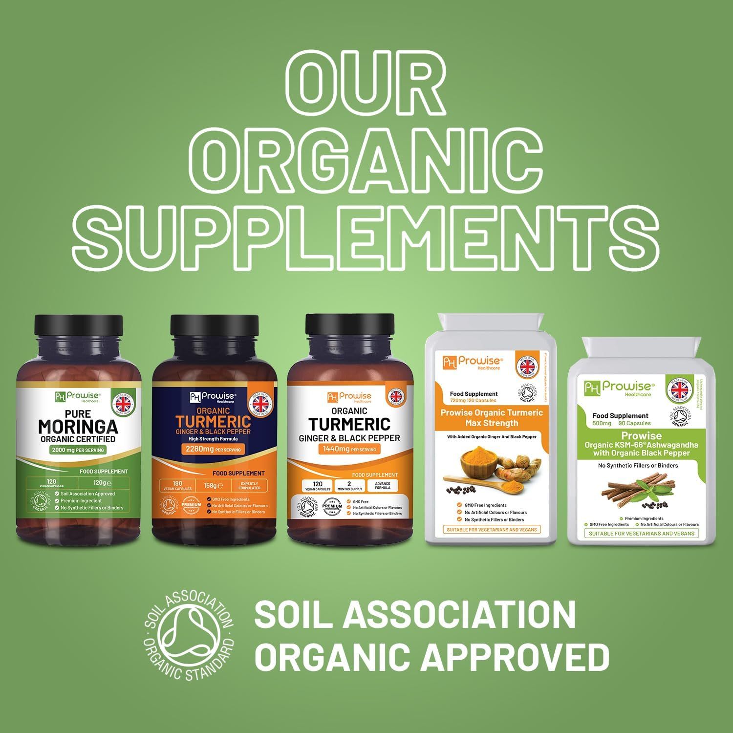 Reihe von Flaschen mit Nahrungsergänzungsmitteln. Prowise Moringa, Kurkuma, Kurkuma & Schwarzer Pfeffer, Kurkuma Flex Strength, und Nahrungsergänzungsmittel.