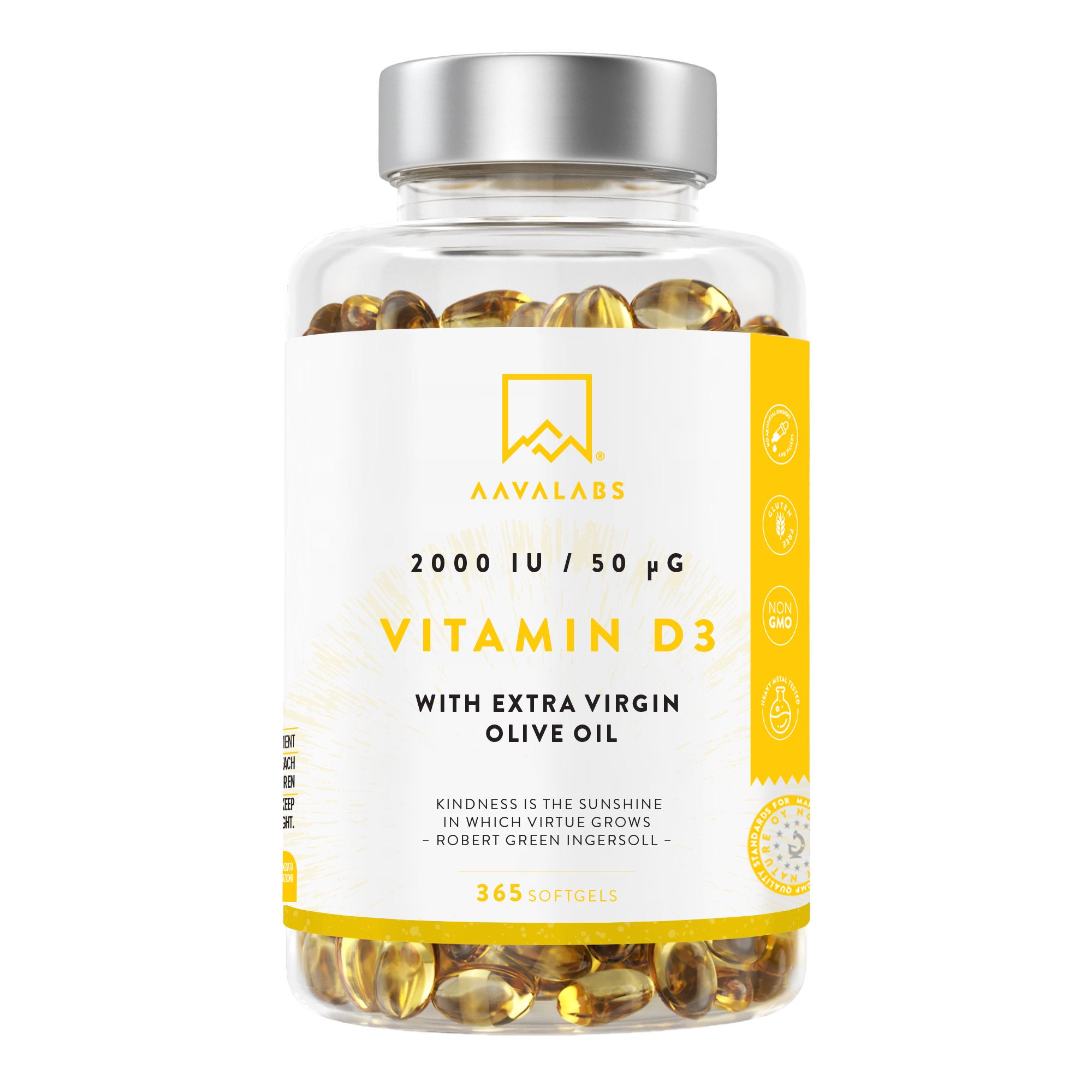 Klare Flasche mit Kapseln. Gelbes Etikett mit Aufschrift: Vitamin D3, 2000 IE.