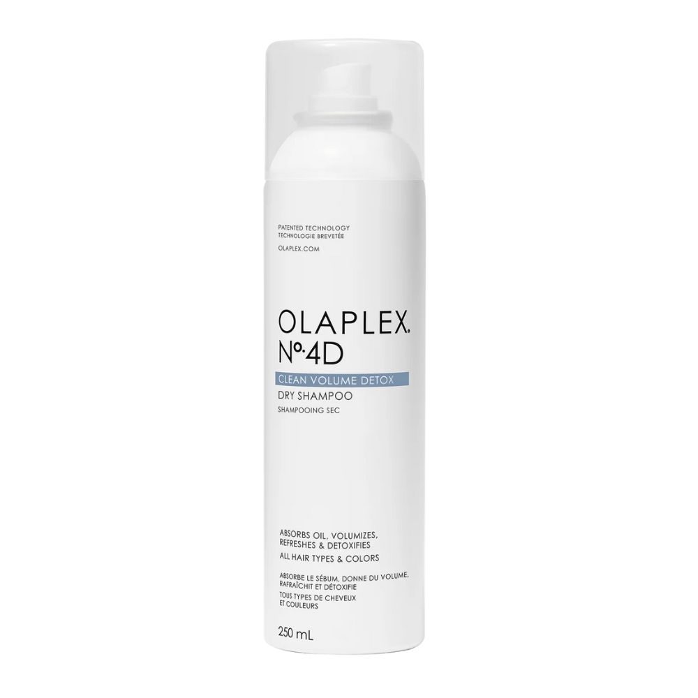 Weißes Spray mit Deckel. OLAPLEX No. 4D Clean Volume Detox Dry Shampoo. 250 ml. Text auf Englisch und Französisch.