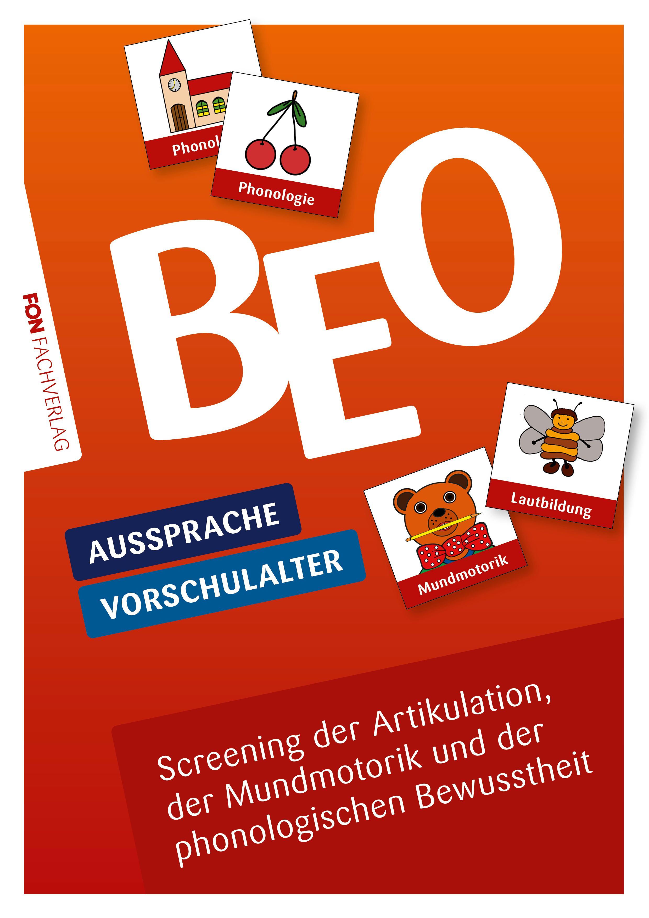 Buchcover mit dem Wort BEO. Titel: Aussprache Vorschulalter. Illustrationen: Kirschen, Kirche, Biene und Bär. Verlag: FON FACHVERLAG.