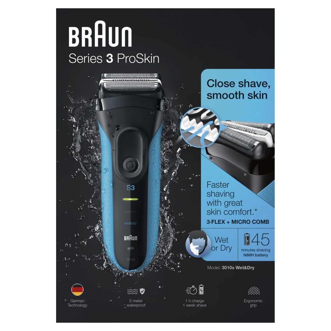 Braun Series 3 ProSkin Elektrorasierer und Verpackung. Blau-schwarzes Gerät, schwarze Verpackung mit Produktinformationen.