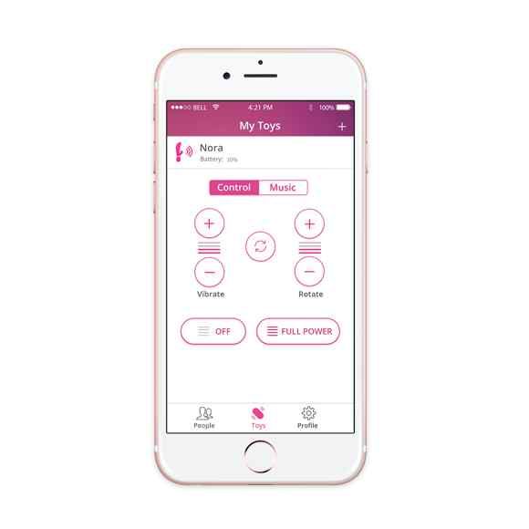 Smartphone-Bildschirm mit App-Oberfläche. Steuerungselemente für Vibration und Rotation. Akkustand wird angezeigt.