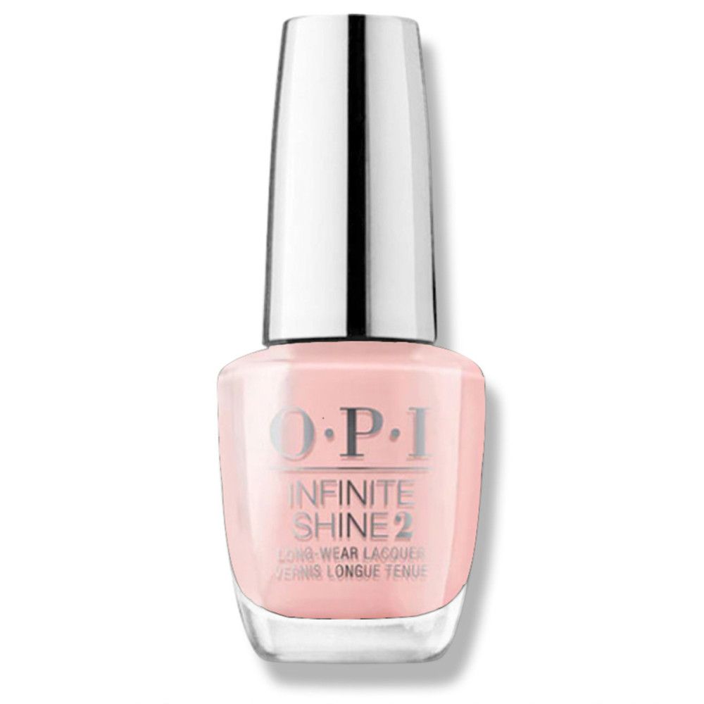 Nagellackflasche mit rosa Inhalt und silbernem Deckel. OPI Infinite Shine 2 Schriftzug.