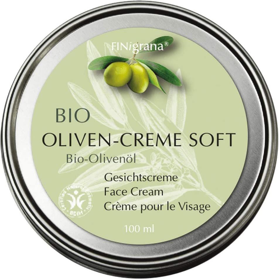 Runde Dose mit Deckel. Aufschrift: BIO OLIVEN-CREME SOFT, Bio-Olivenöl, Gesichtscreme, Face Cream, Crème pour le Visage. Logo und 100 ml.
