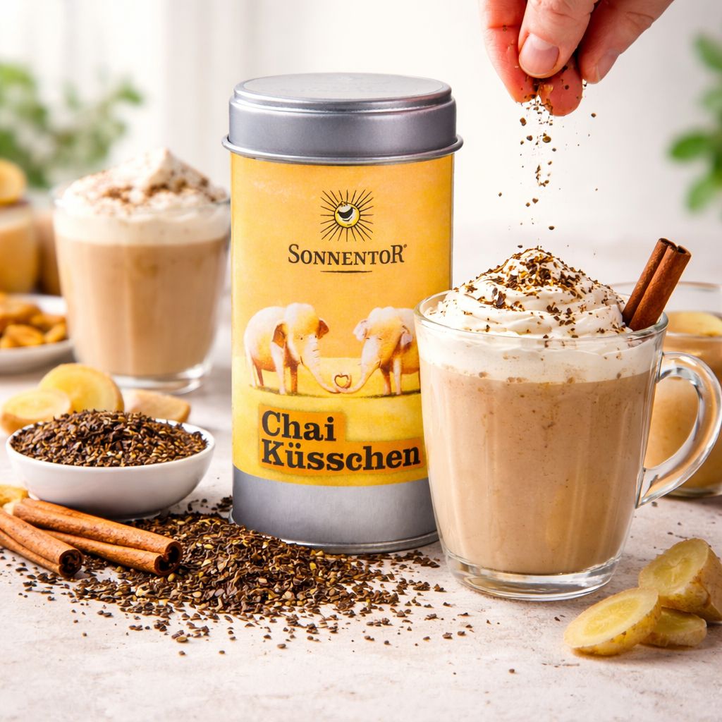 Sonnentor Chai Küsschen Dose neben einem Glas Chai-Tee mit Sahne und Zimtstange.