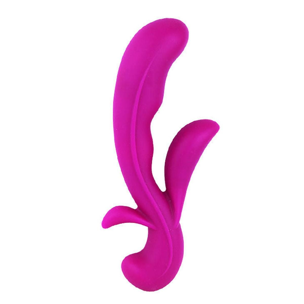 Pinkfarbener Vibrator mit geschwungener Form. Zwei separate Stimulationselemente. Aus Silikon.