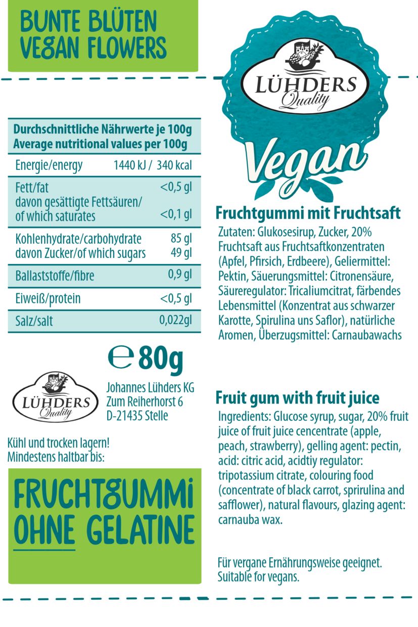 Lühders - Bunte Blüten Fruchtgummi, vegan 3x80 kg Fruchtgummi