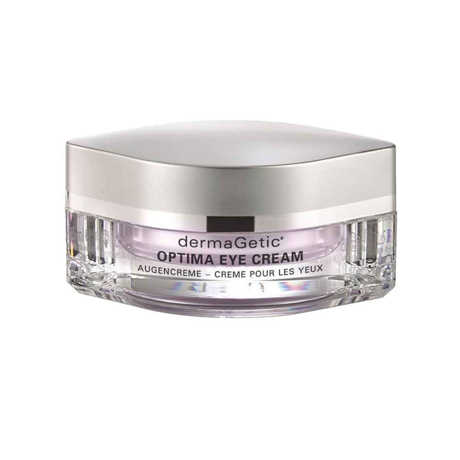 Cremebehälter mit silbernem Deckel. Aufschrift: dermaGetic Optima Eye Cream. Augencreme - Crème pour les yeux.