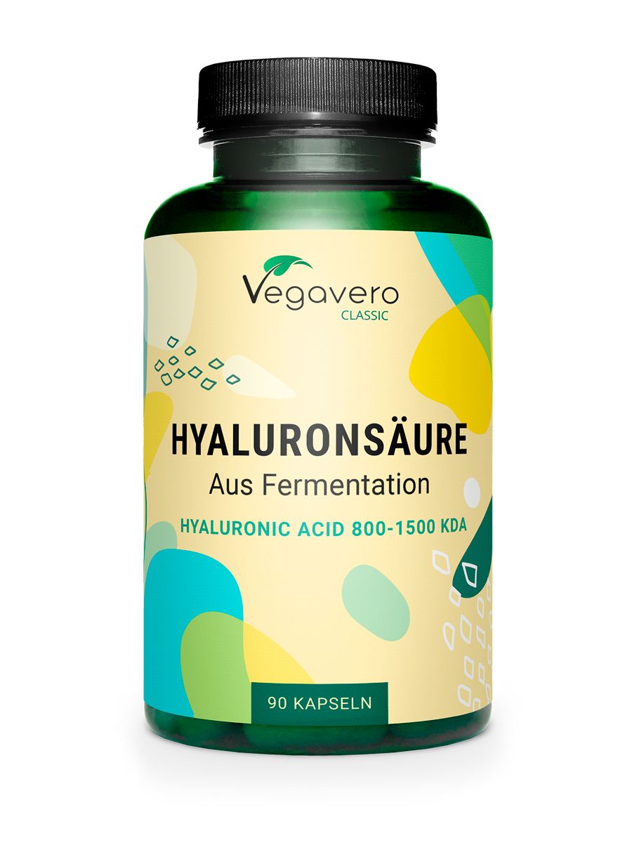 Grüne Flasche mit schwarzen Deckel. Aufschrift: Hyaluronsäure, Aus Fermentation, 90 Kapseln. Marke: Vegavero.