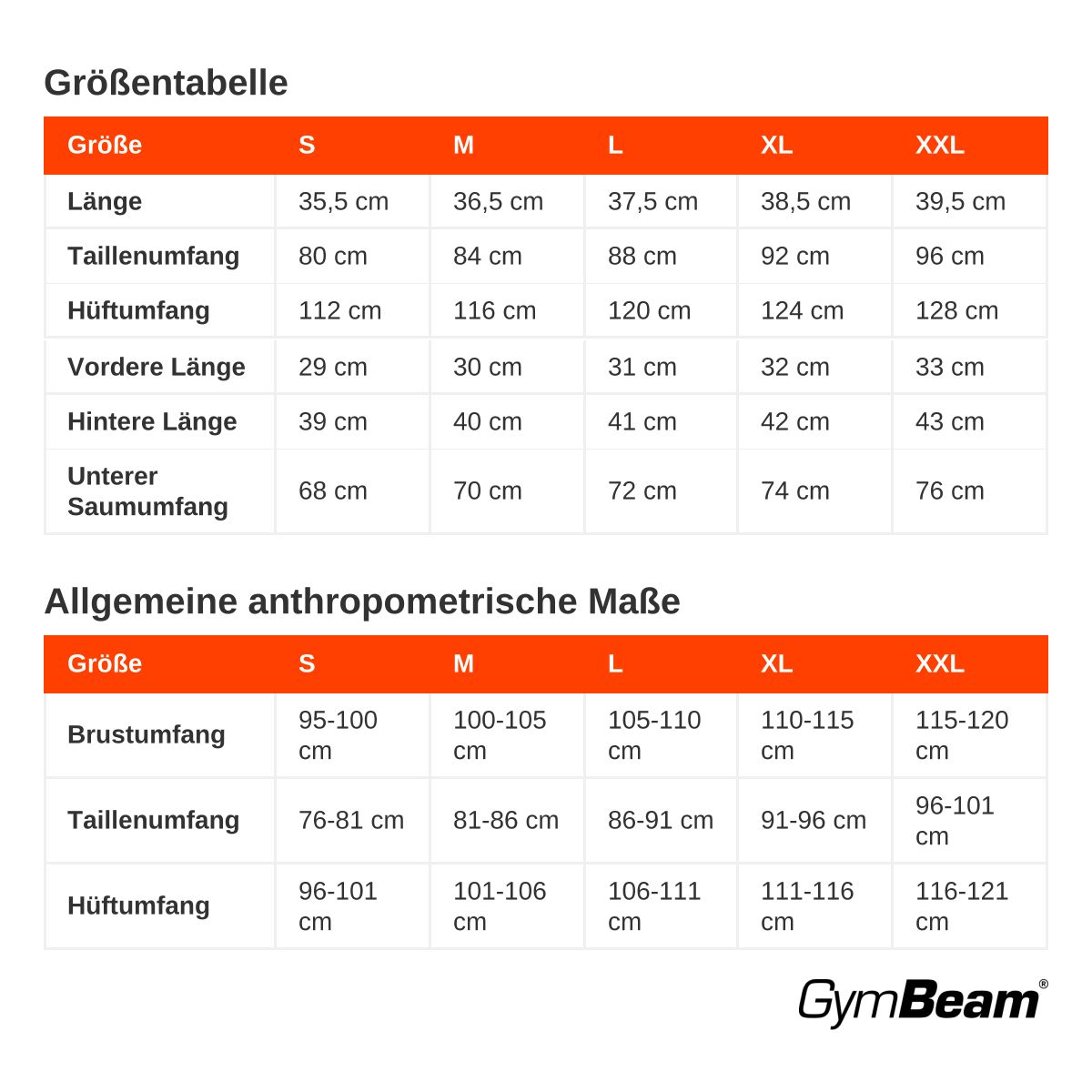 Größentabelle mit Längen-, Taillen-, Hüft- und Saummaße für Kleidung in den Größen S bis XXL.