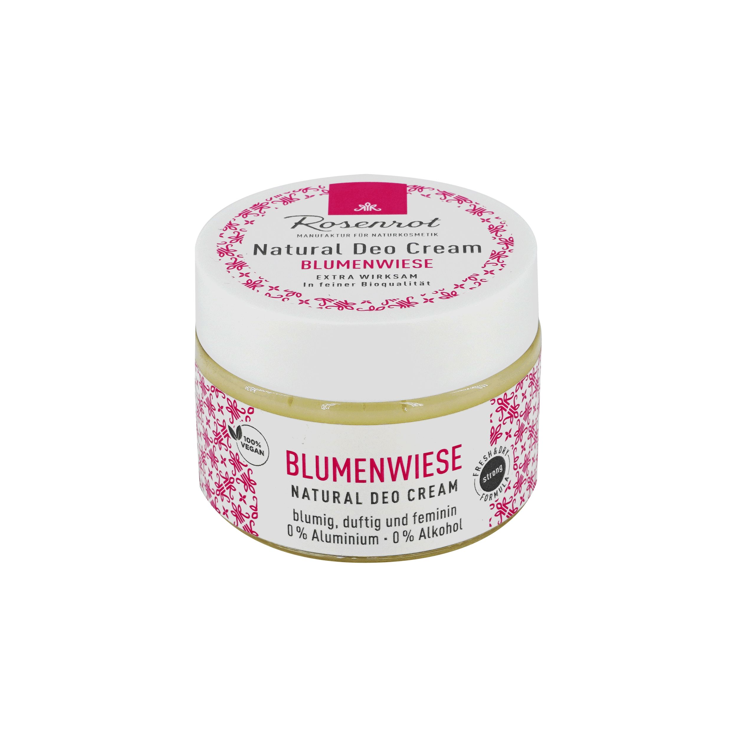 Creme-Dose mit Deckel. Aufschrift: Rosenrot Natural Deo Cream Blumenwiese. 0% Aluminium, 0% Alkohol. Mit floralem Muster. Vegan-Siegel.
