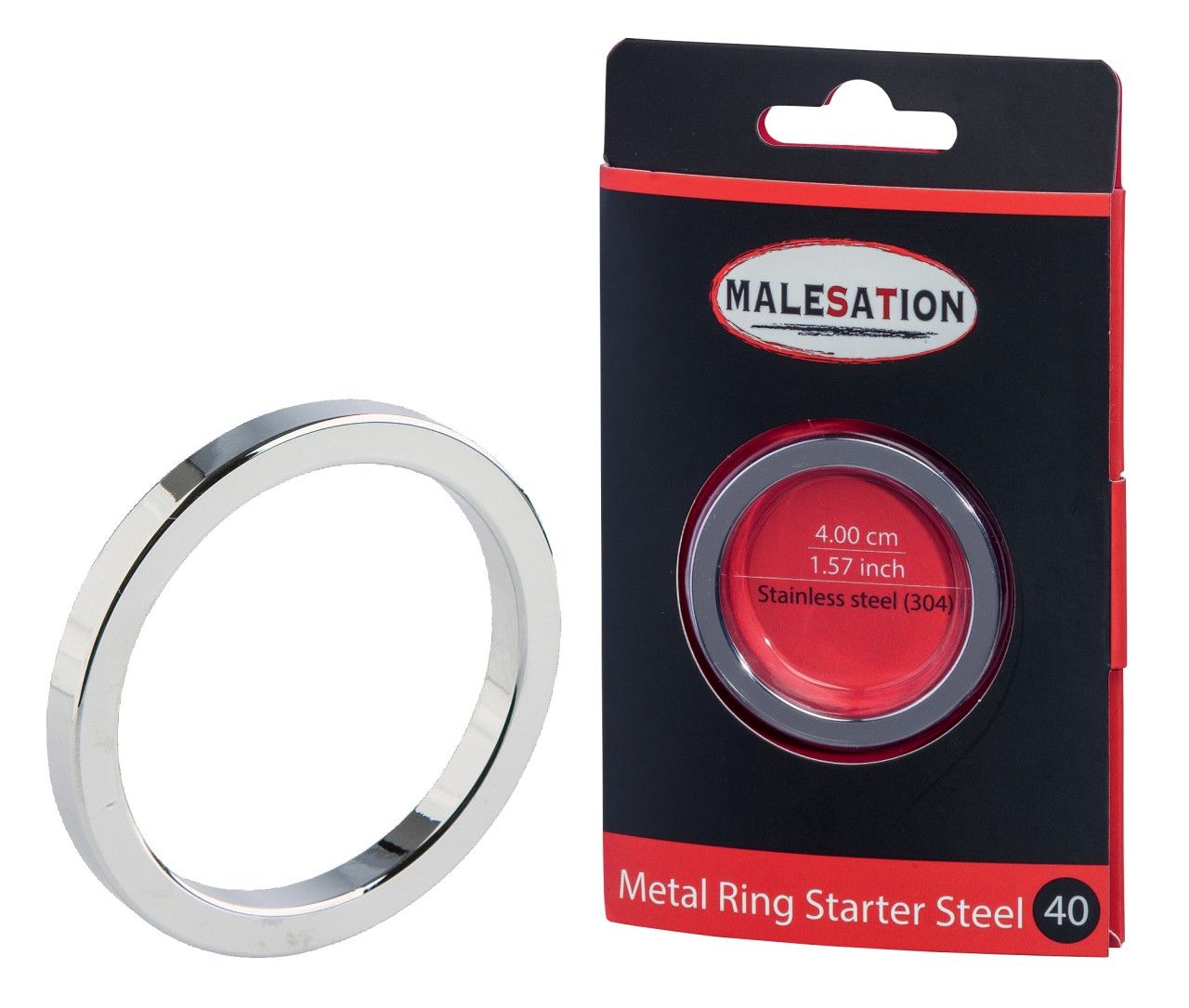 Glänzender Metallring neben Verpackung. Verpackung mit rotem Innenraum, Produktname MALESATION, Text: Metal Ring Starter Steel 40.