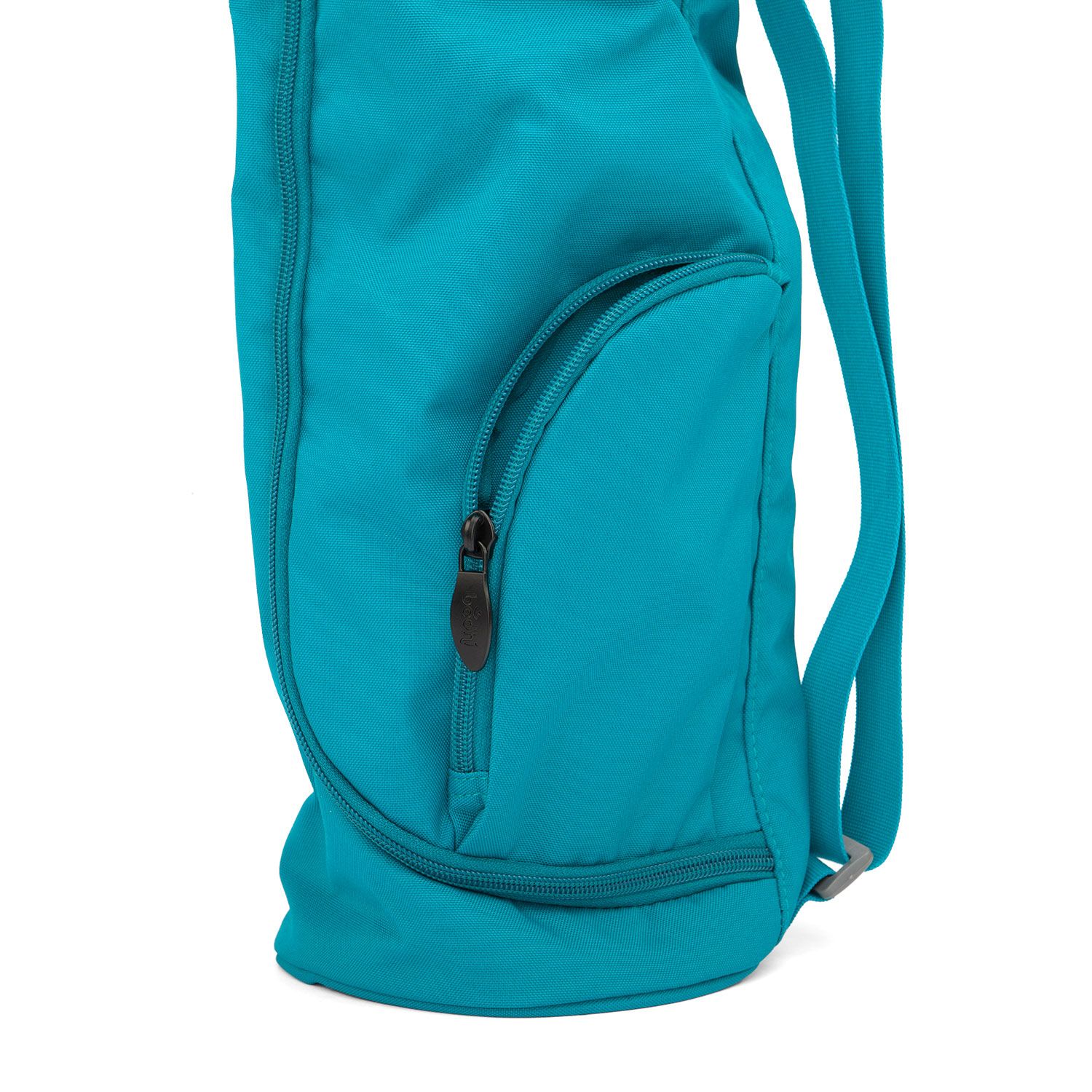 Detail van de turquoise yogamat tas. Ritsvak aan de zijkant. Stof.