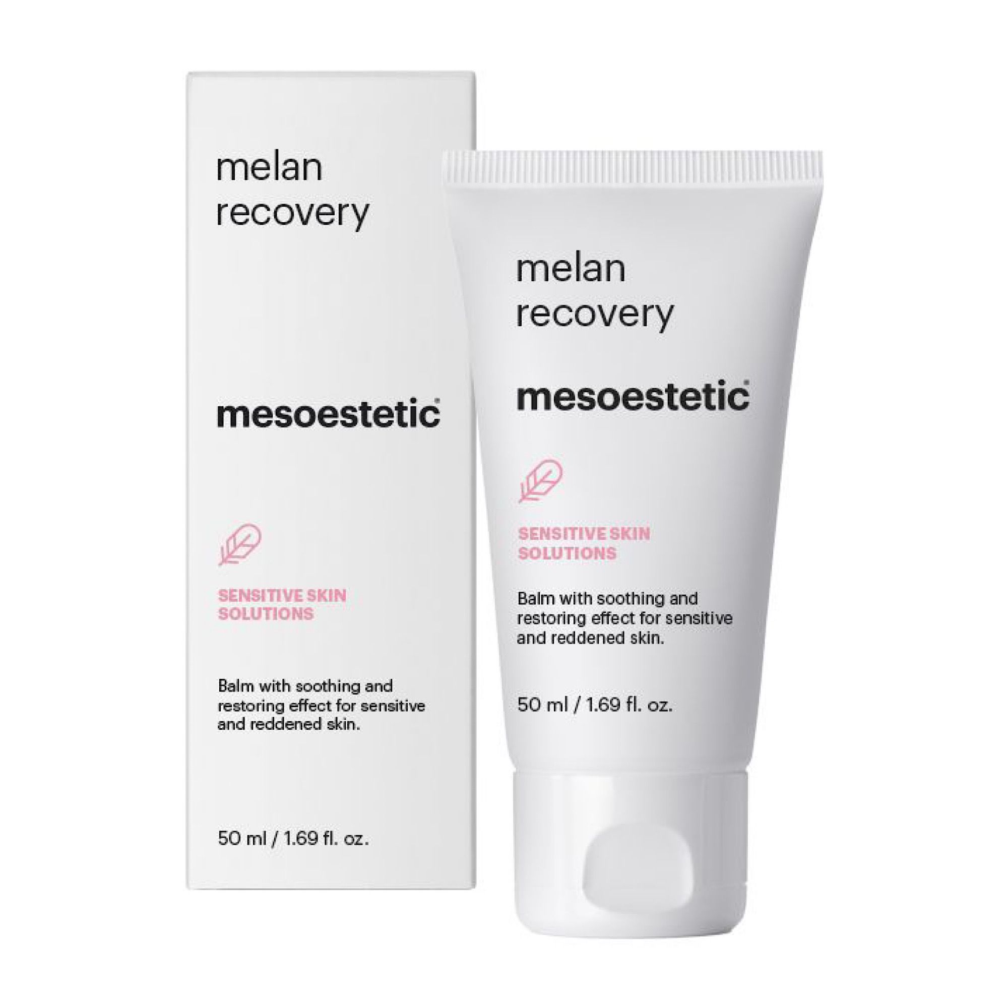 Weiße Tube und Schachtel mit Produktnamen und Markennamen. Text: Sensitive Skin Solutions, beruhigende Wirkung für empfindliche Haut.