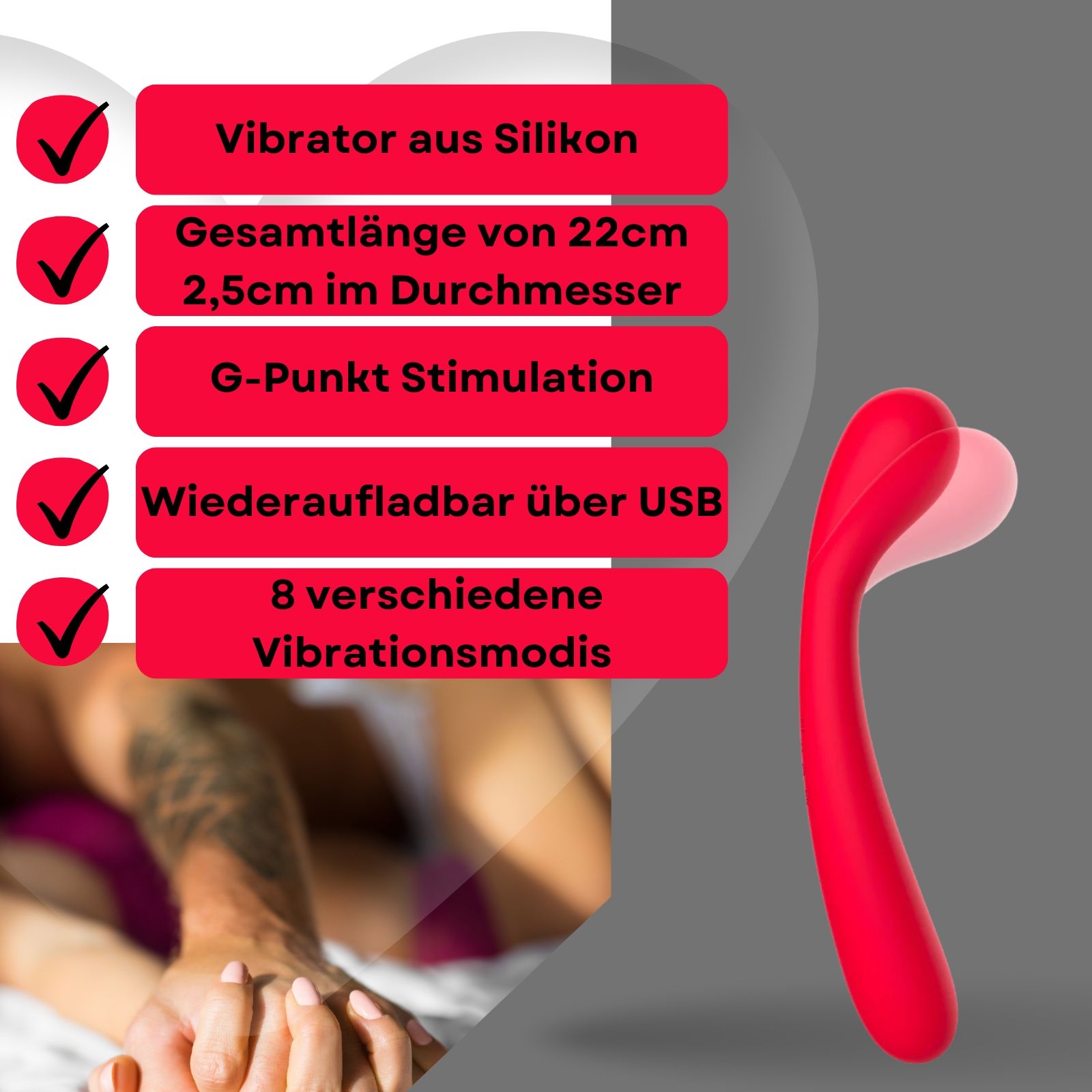 Roter Vibrator. G-Punkt-Stimulation. 22 cm lang, 2,5 cm Durchmesser. Wiederaufladbar.