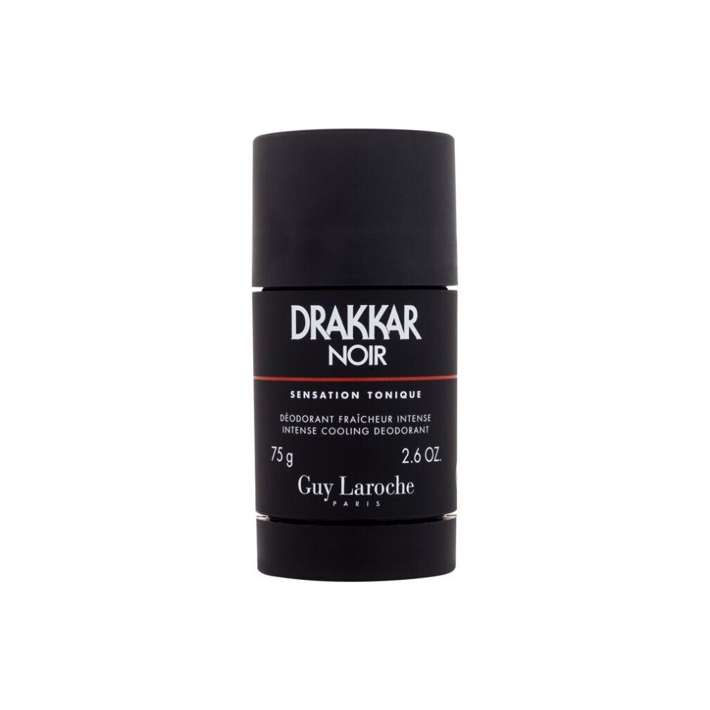 Schwarzer Deostift. Aufschrift: Drakkar Noir, Sensation Tonique, 75g, 2.6 OZ, Guy Laroche Paris. Zylindrische Form.
