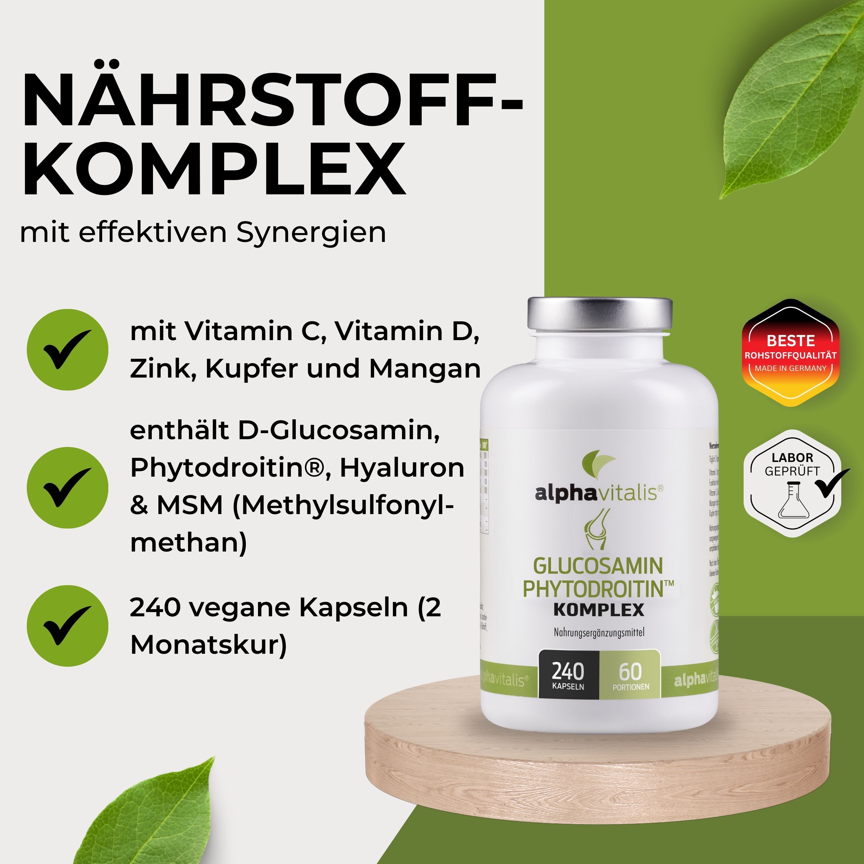 Weiße Flasche mit Kapseln. Aufschrift: Alphavitalis Glucosamin Phytodroitin Komplex. Enthält 240 vegane Kapseln. Siegel: Beste Nährstoffqualität, Labor geprüft.