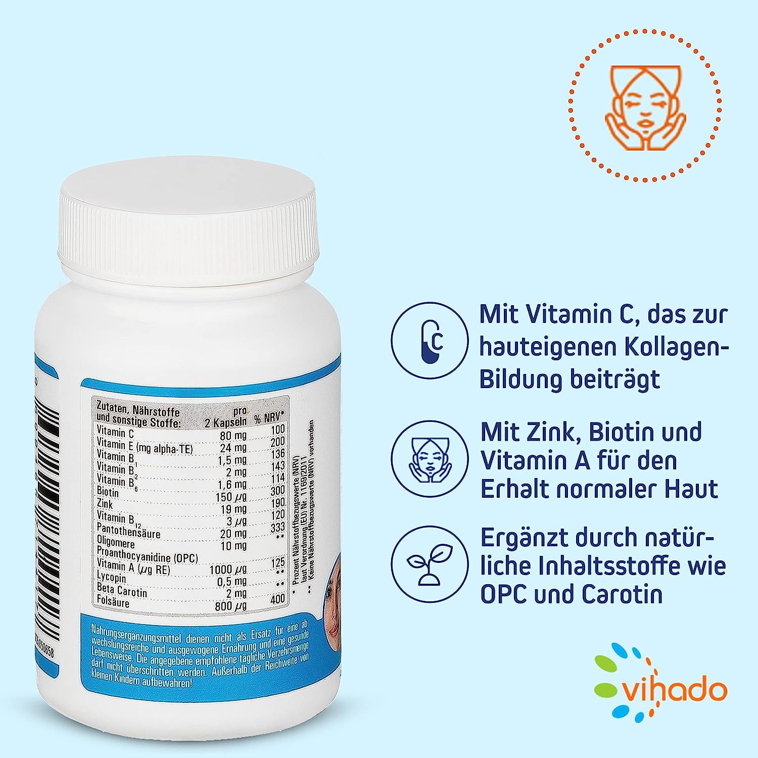 Eine weiße Flasche Vihado Haut Vitamine. Auf der Flasche sind Inhaltsstoffe wie Vitamin C, Zink, Biotin und Vitamin A aufgelistet. Die Flasche enthält 60 Kapseln. Auf der Flasche sind Informationen zur täglichen Einnahme und zur Wirkung auf die Haut abgebildet.