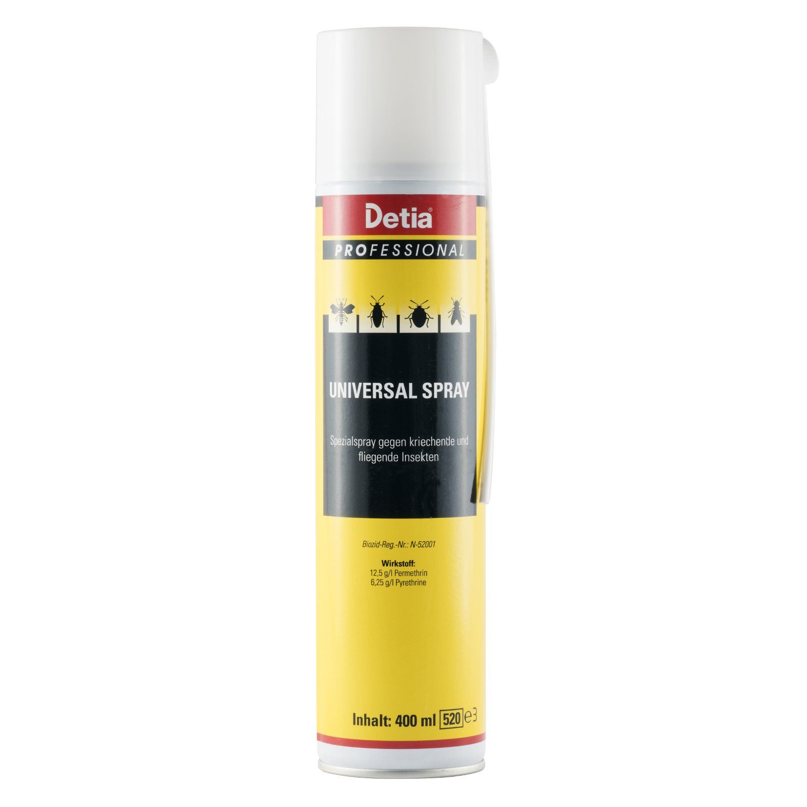 Spraydose mit weißem Deckel und gelbem Etikett. Aufschrift: Detia Professional, Universal Spray. Gegen kriechende und fliegende Insekten.
