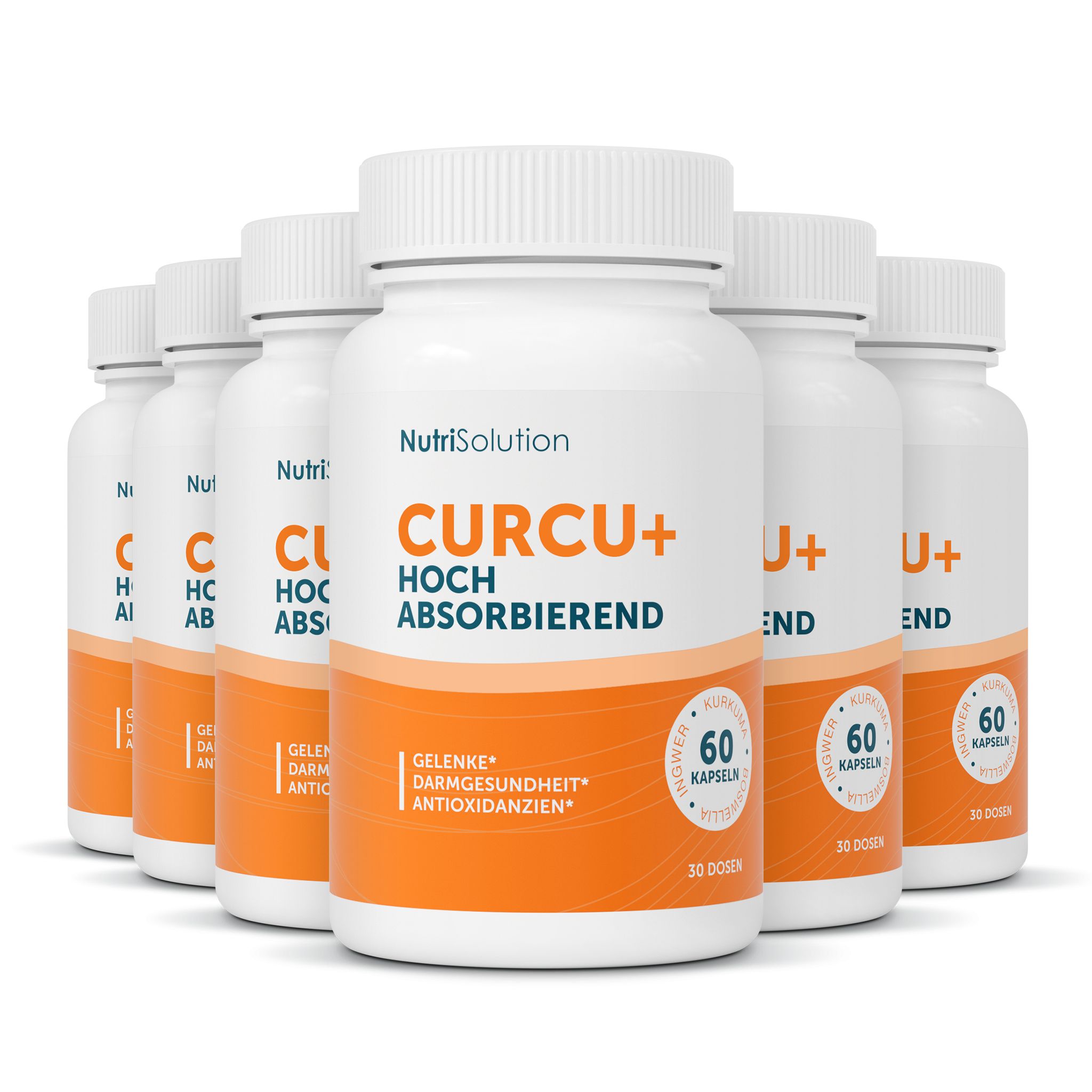 Sechs Flaschen NutriSolution Curcu+ hoch absorbierend, 60 Kapseln pro Flasche.