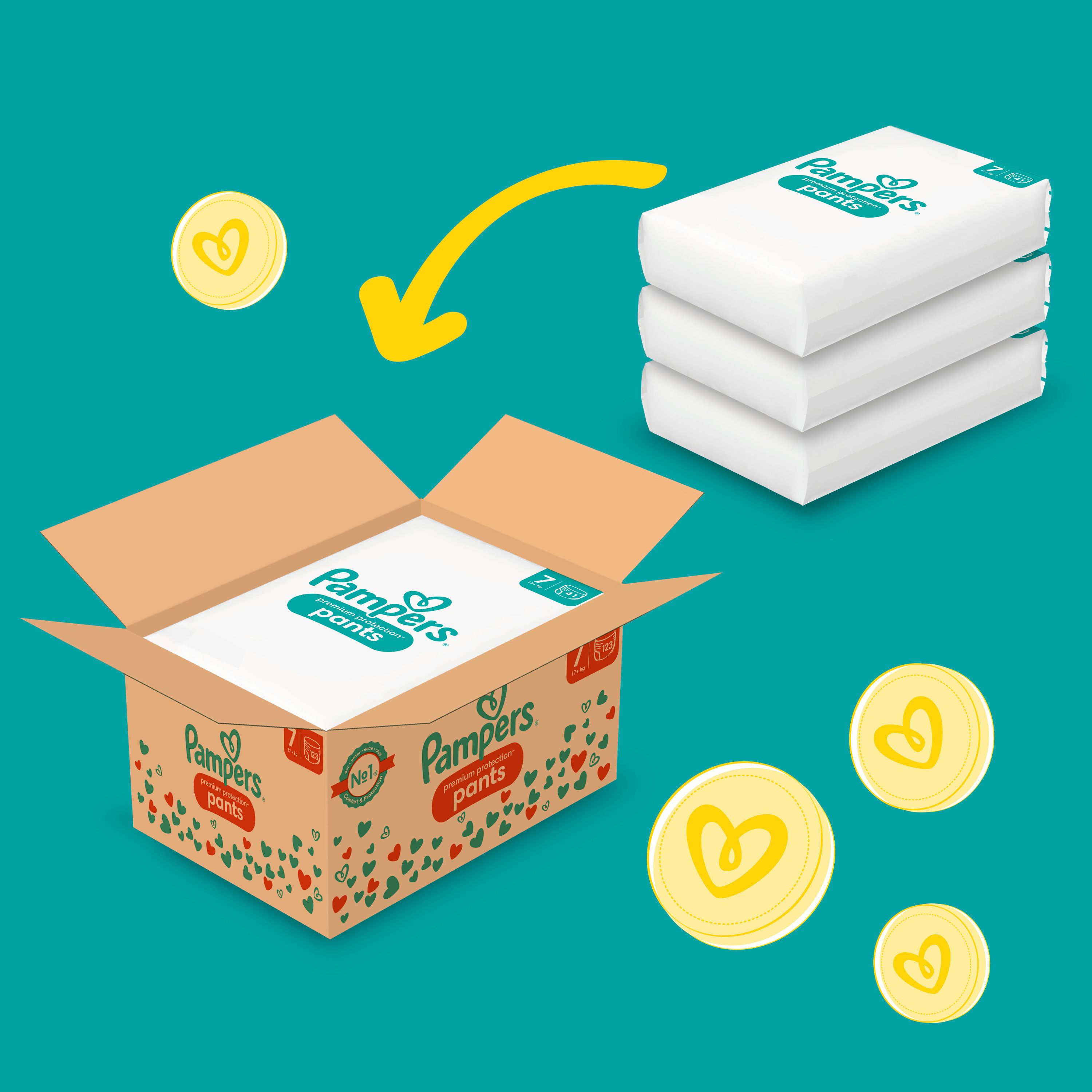 Geöffnete Pampers Pants Packung. Einzelne Windeln und gelbe Herz-Symbole. Karton mit Pampers-Logo.