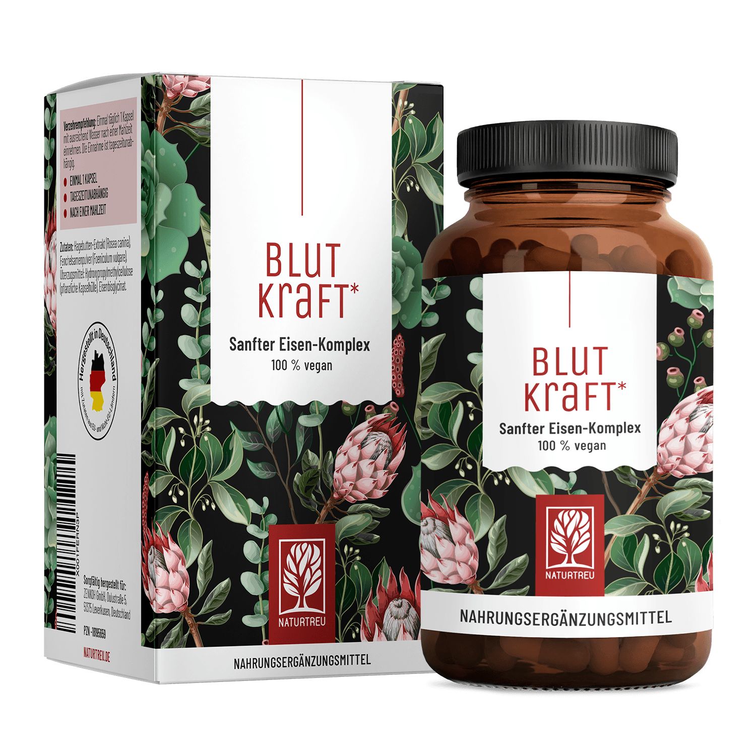 Braune Glasflasche und Schachtel mit Aufschrift BLUT KRAFT*. 100% vegan. Mit floralem Muster und dem Logo NATURTREU®.