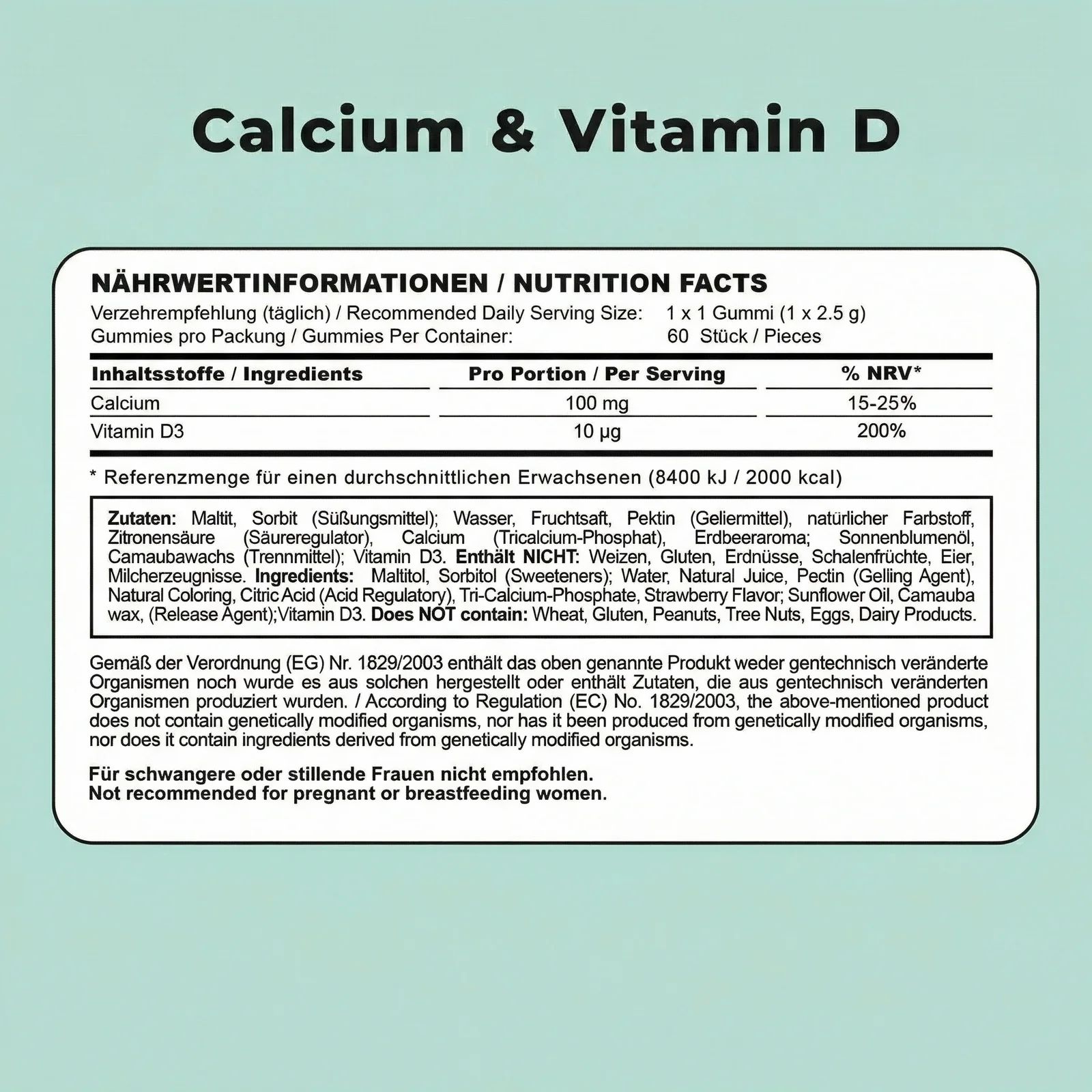 Nährwertinformationen für NUTRIQ kids Calcium & Vitamin D3. Angaben zu Calcium und Vitamin D3. Zutatenliste und Warnhinweis für Schwangere.