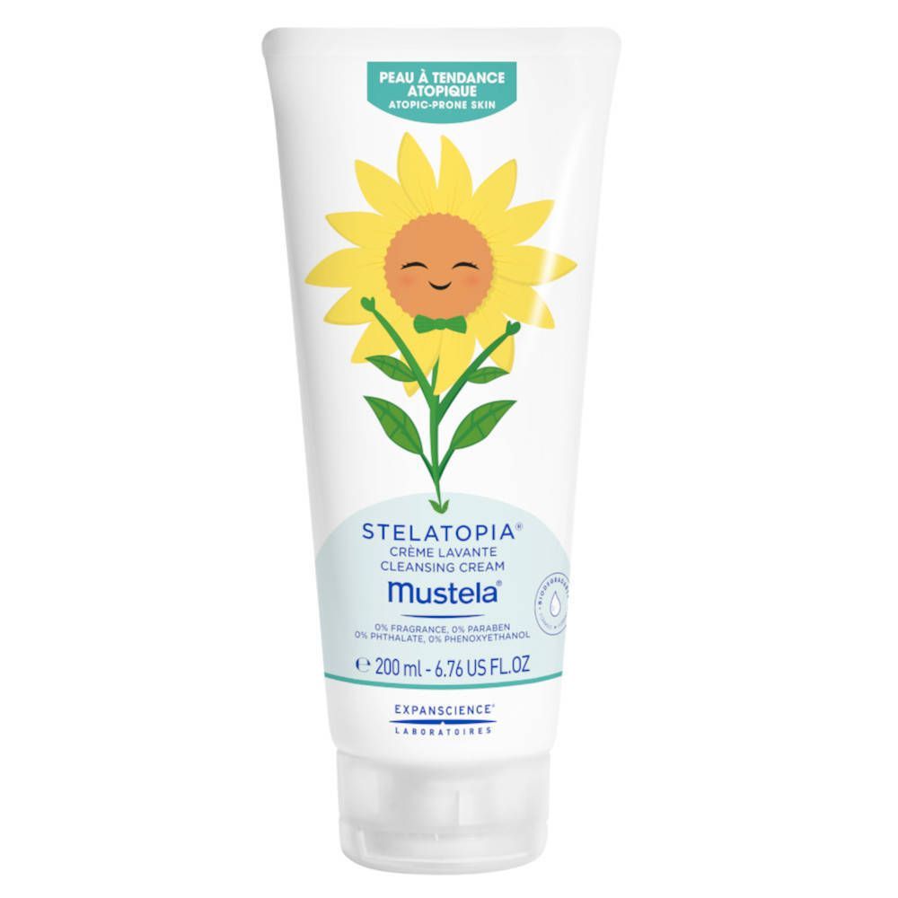 Tubo bianco con illustrazione di girasole. Testo: STELATOPIA, Crème Lavante, Mustela. 200 ml.