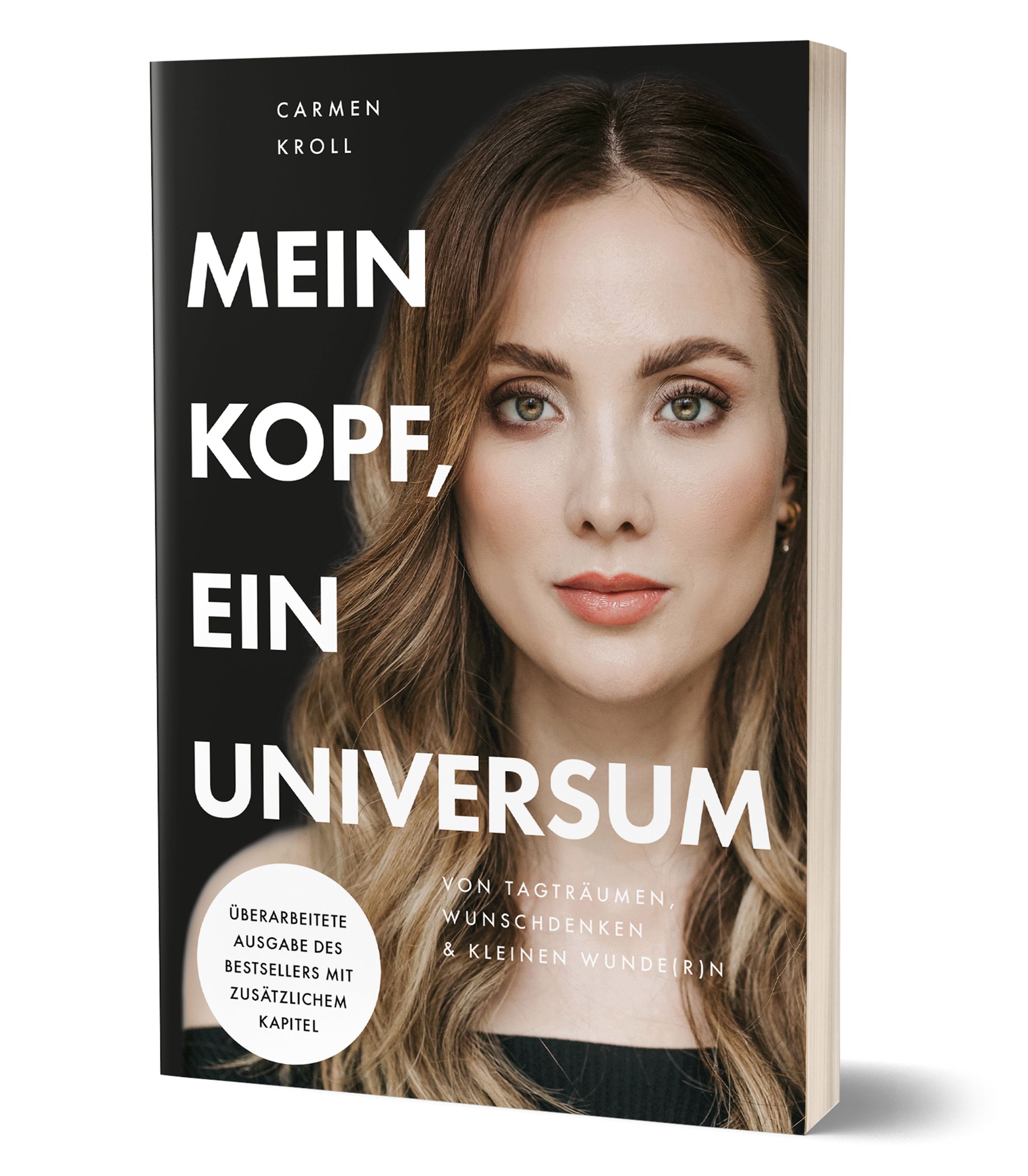 Buchcover mit dem Titel "Mein Kopf, ein Universum". Autorin: Carmen Kroll. Auf dem Cover ist ein Porträt einer Frau zu sehen.