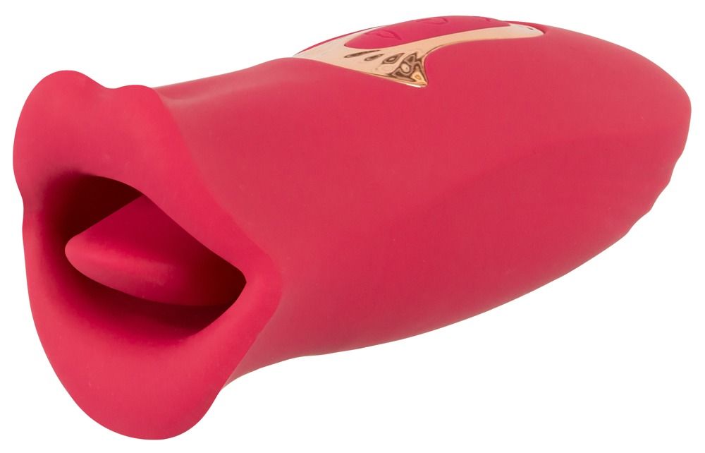 Roter, lippenförmiger Vibrator. Goldfarbenes Bedienfeld. Zungenförmige Aussparung. Seitenansicht.